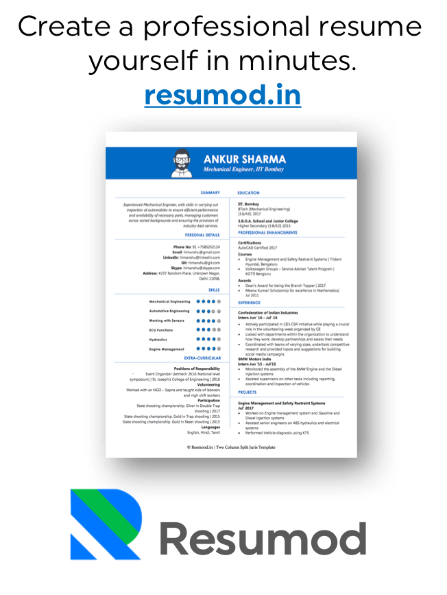 Resumod.in for Creating a Resume in minutes