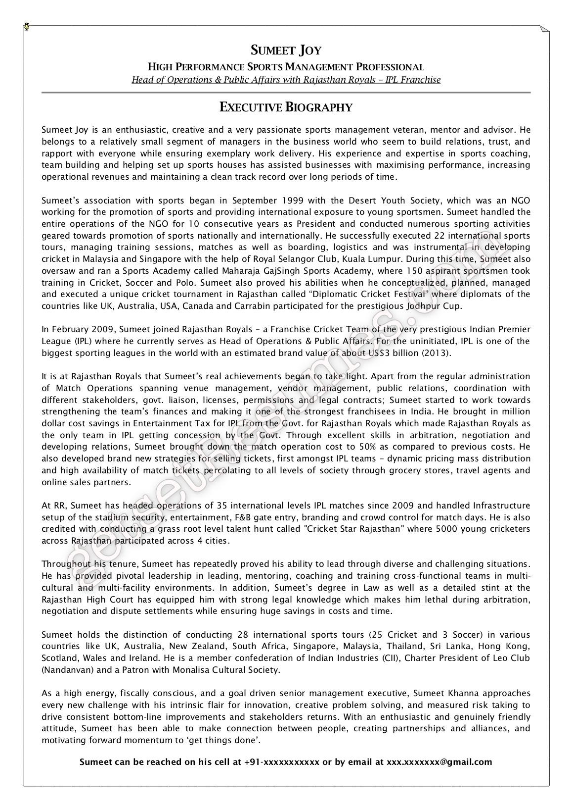 An Executive Biography Sample made by GetSetResumes