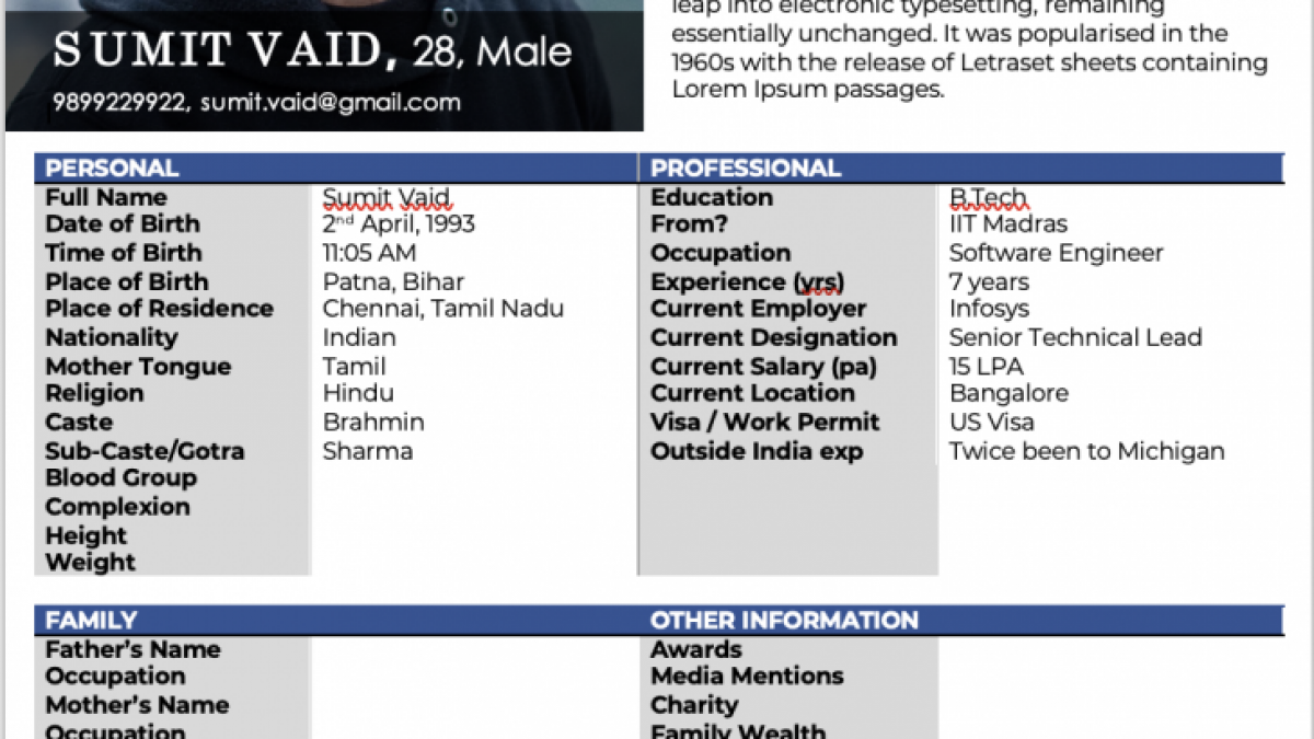 Marriage bio data male