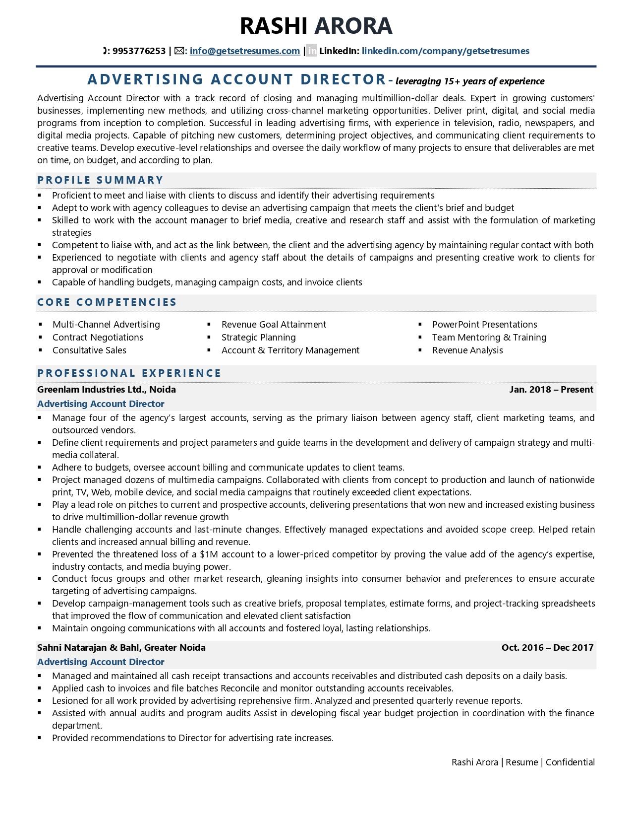 Account Director (Advertising) - Resume Example & Template