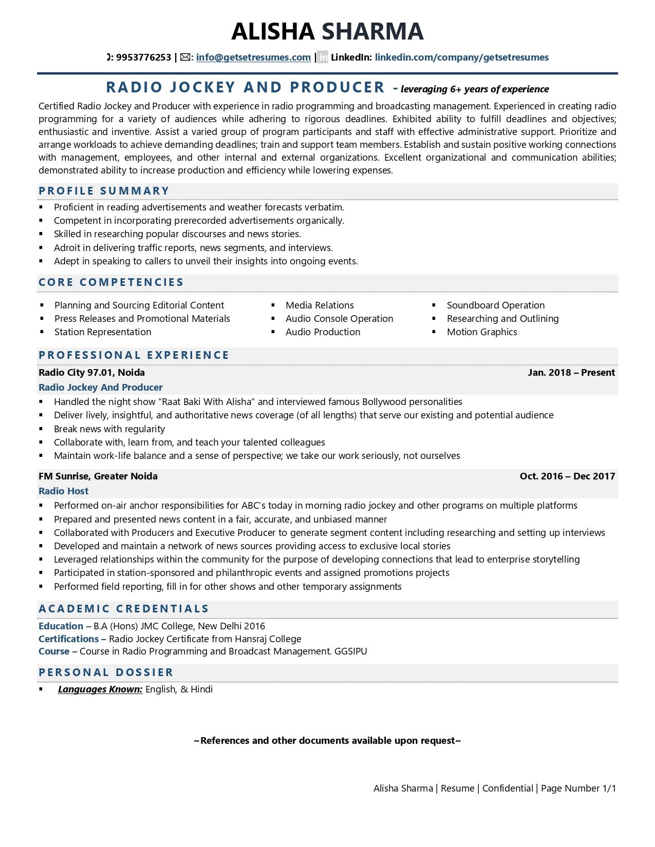 sample resume for radio jockey job