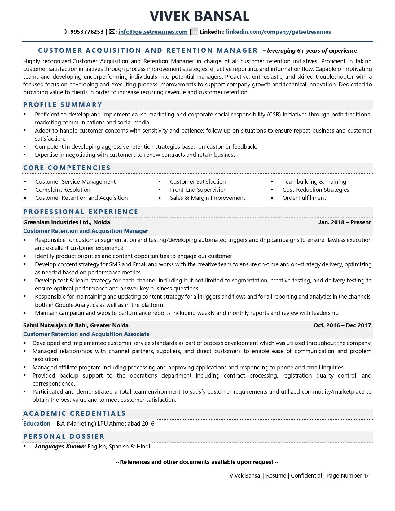 Customer Acquisition & Retention Manager - Resume Example & Template