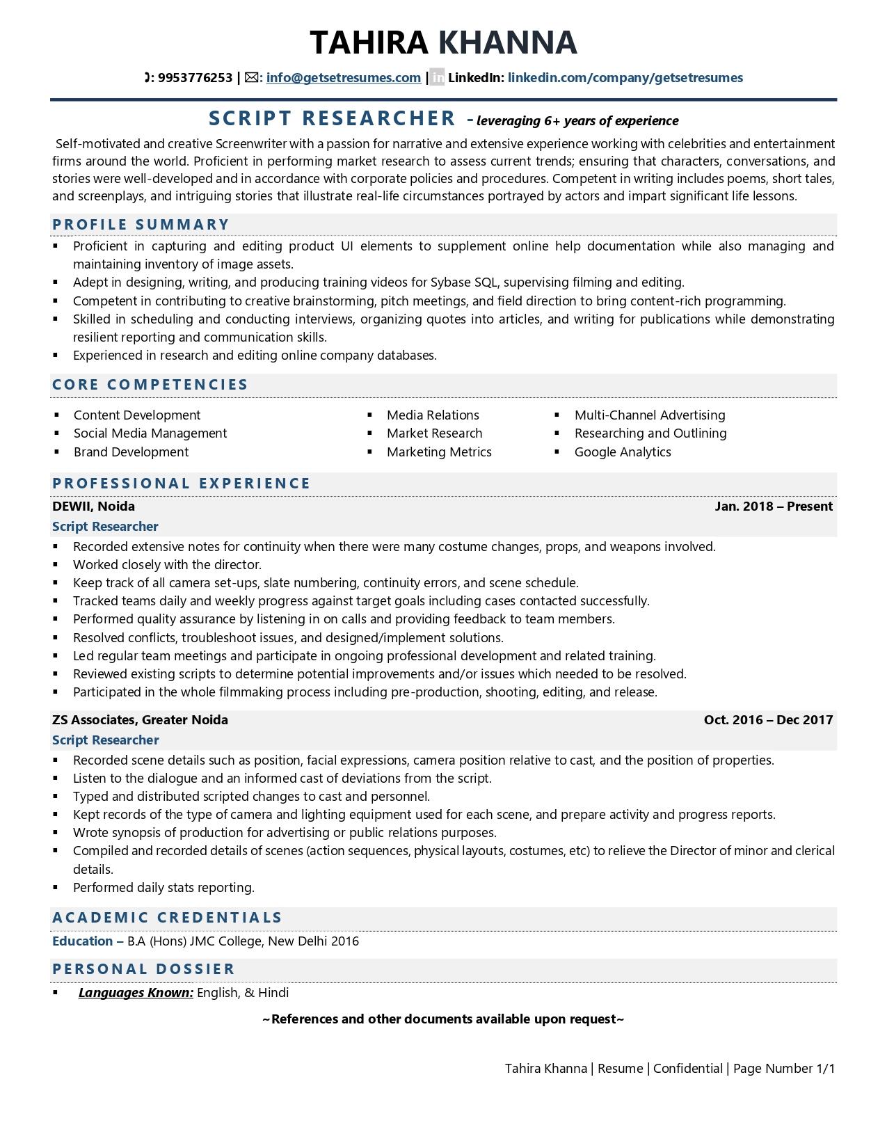 Script Researcher - Resume Example & Template