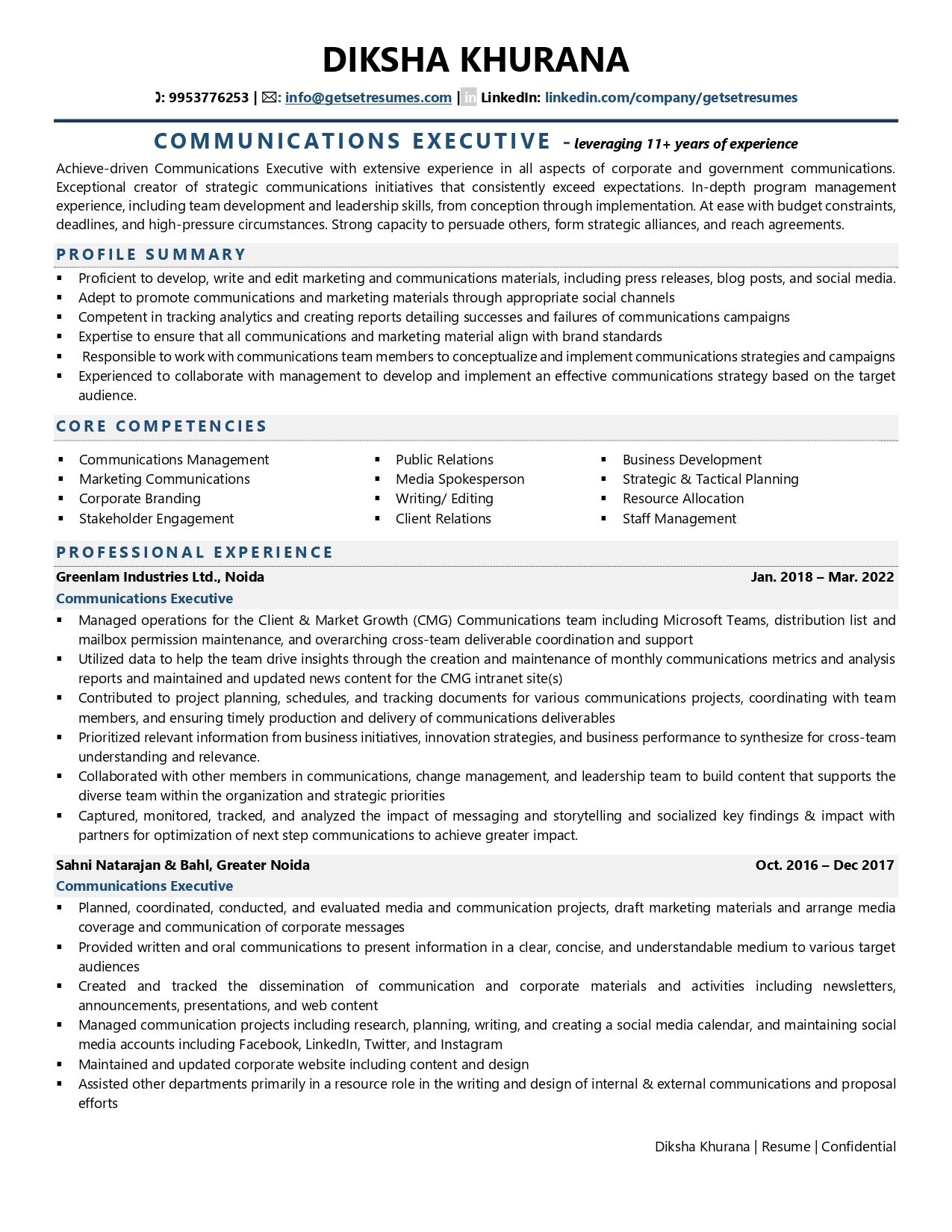 Communications Executive - Resume Example & Template