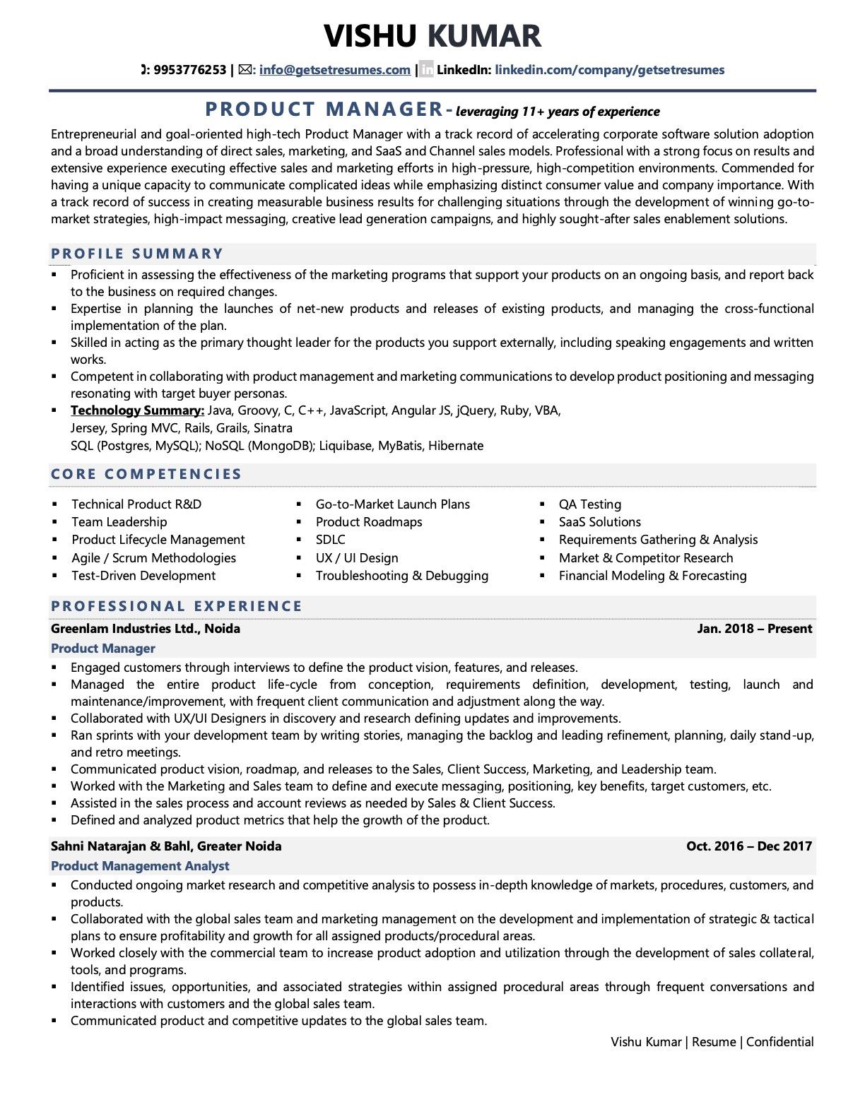 Product Manager - Resume Example & Template