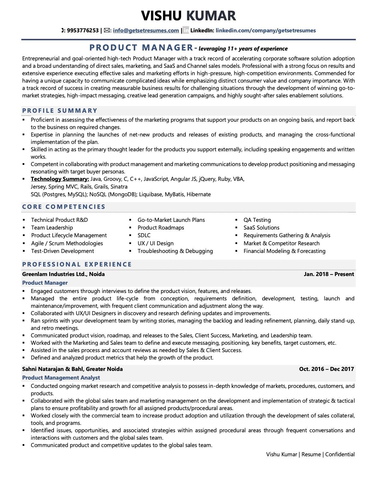 resume summary examples product manager