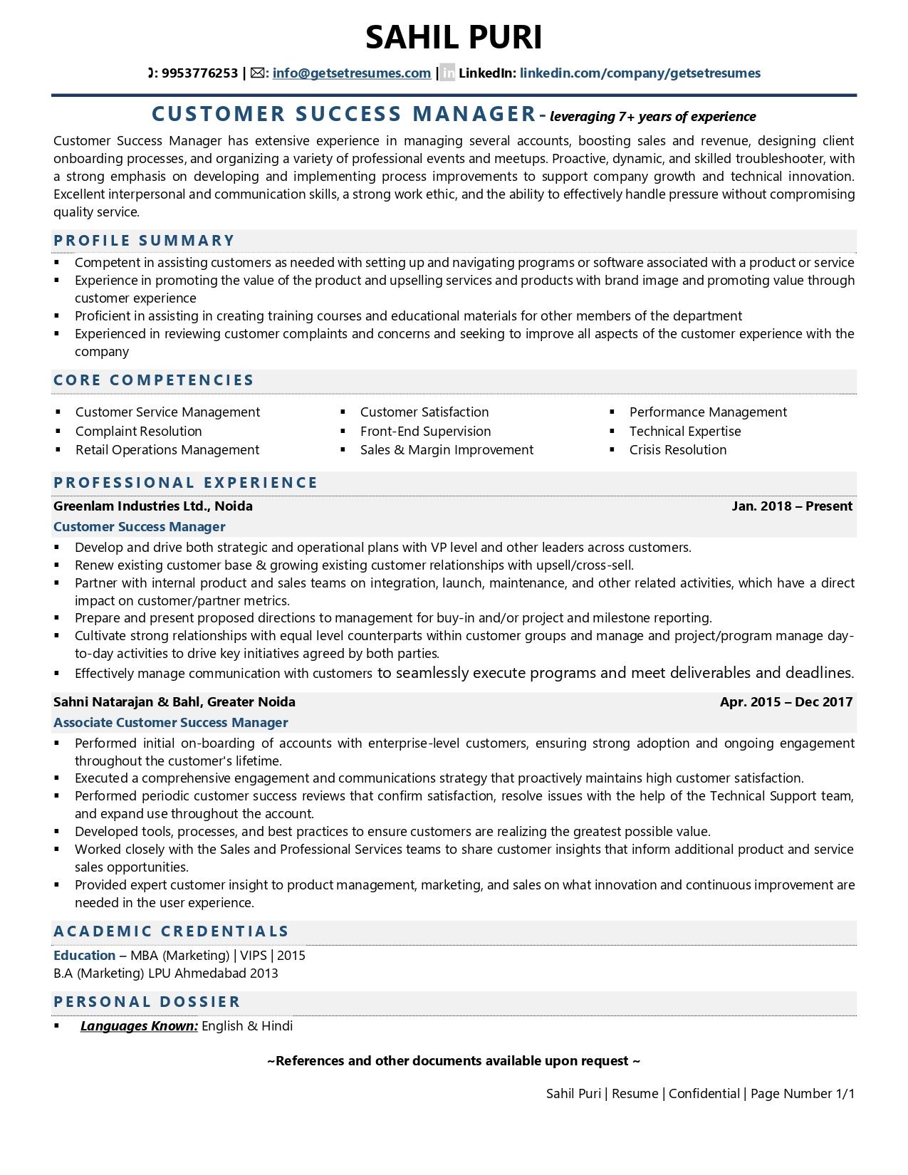 Customer Success Manager - Resume Example & Template