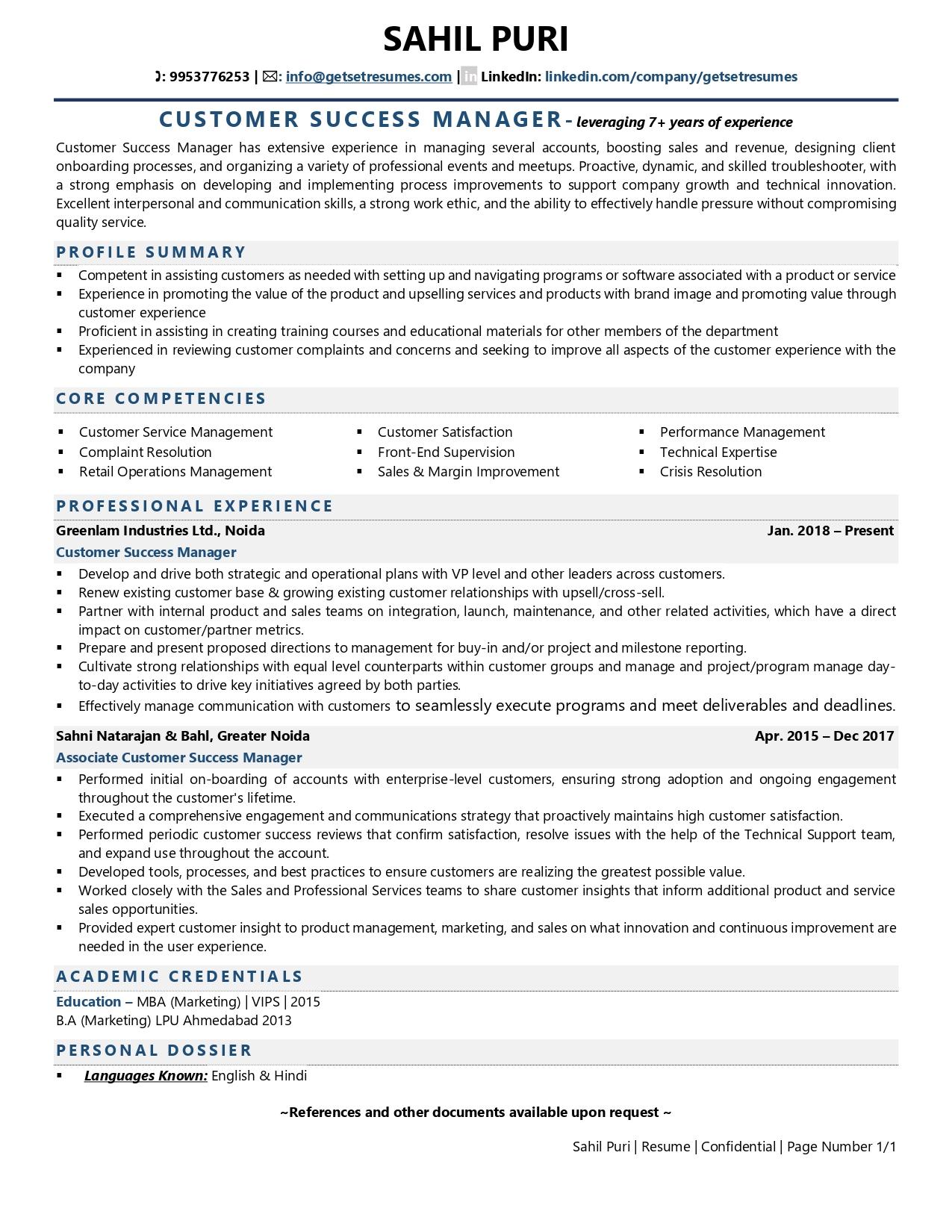 customer service manager experience resume