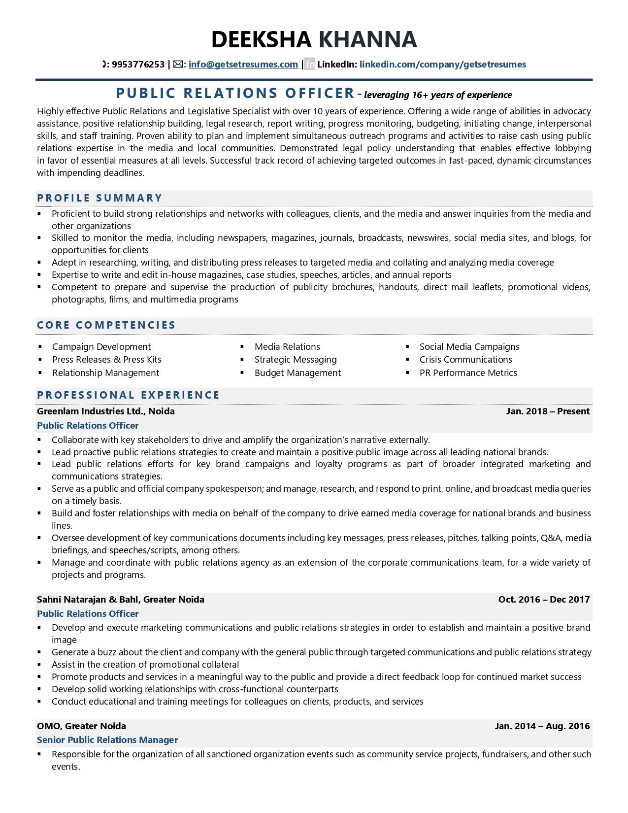 Public Relations Officer - Resume Example & Template