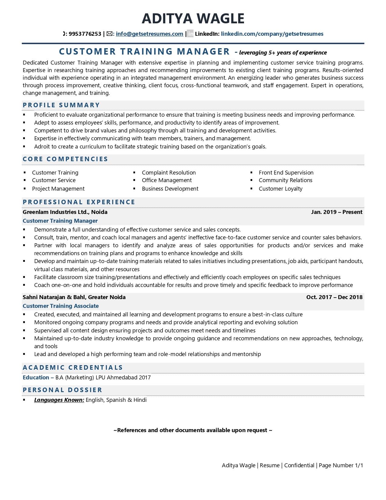 Customer Training Manager - Resume Example & Template
