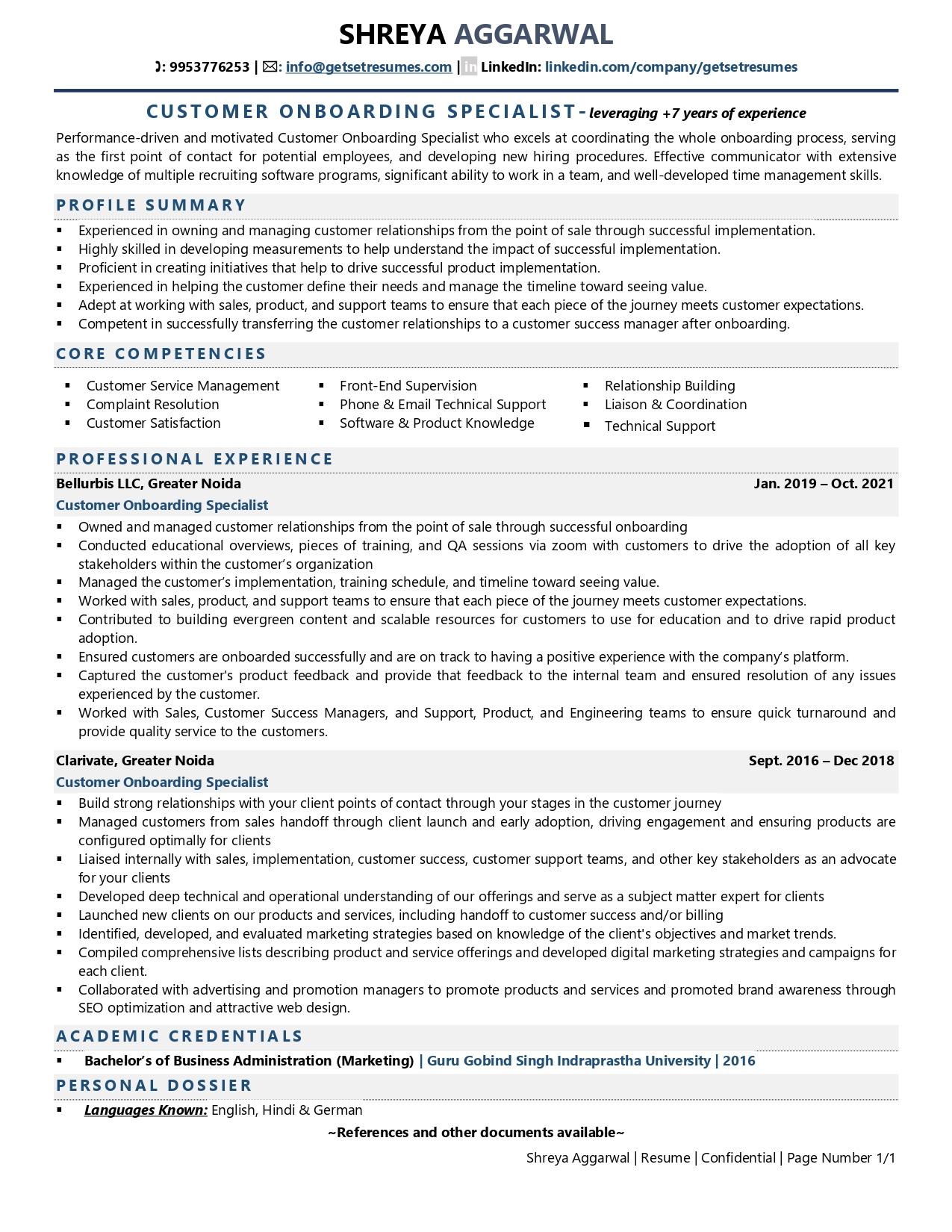 Customer Onboarding Specialist - Resume Example & Template