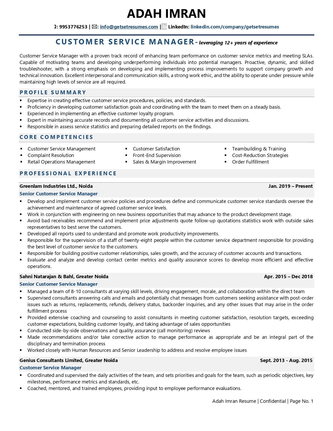 customer service manager resume examples 2022