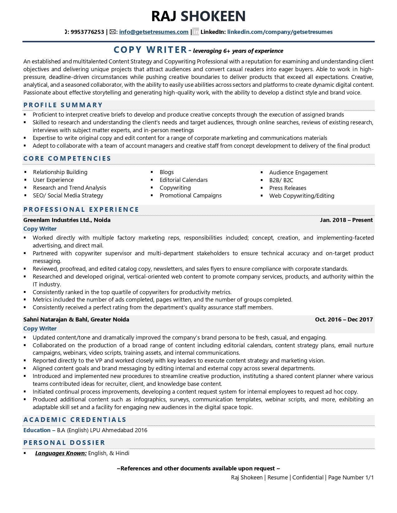 resume sample for copywriter