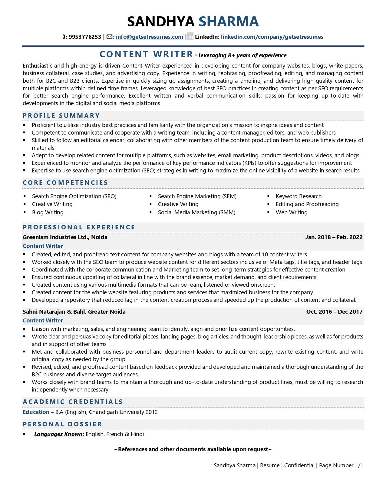 career objective in resume for content writer