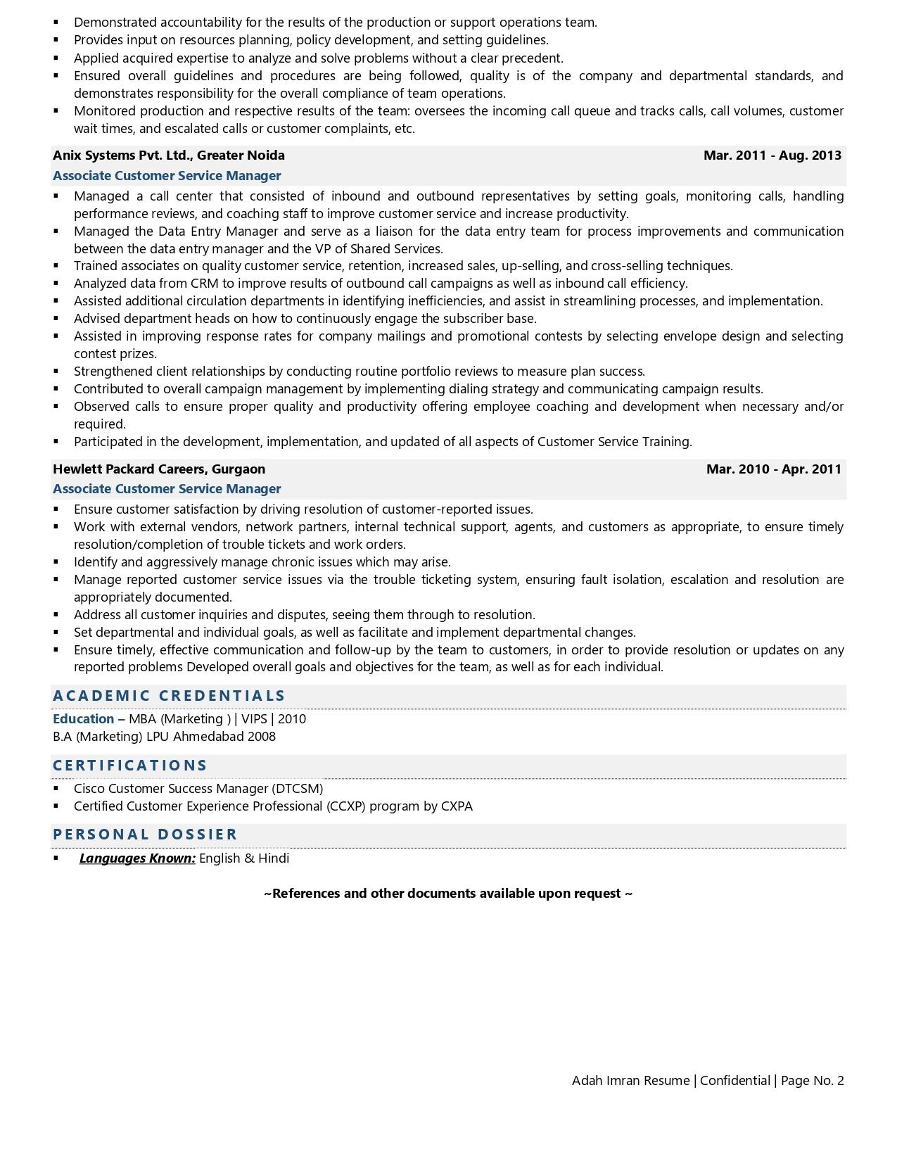 resume objective customer service manager