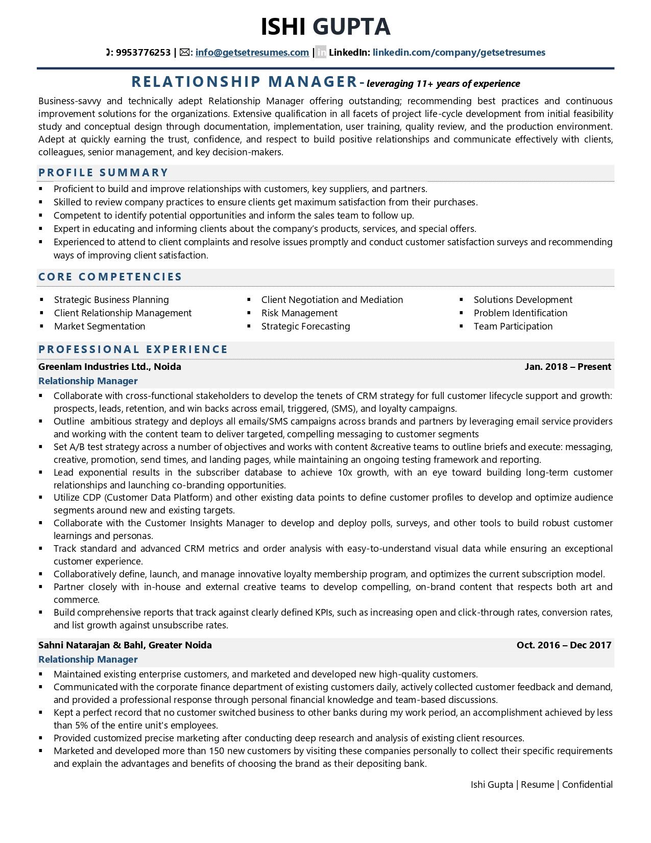 Relationship Manager - Resume Example & Template