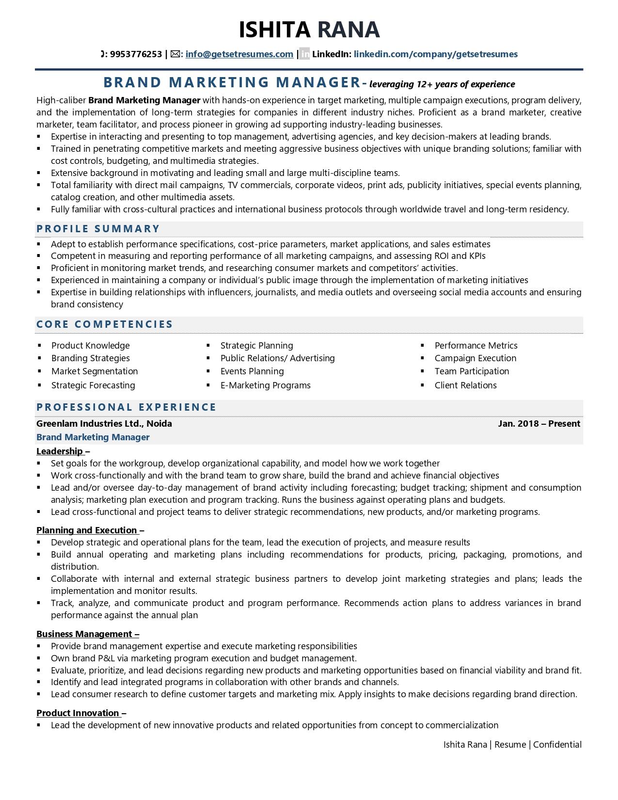 Brand Marketing Manager - Resume Example & Template