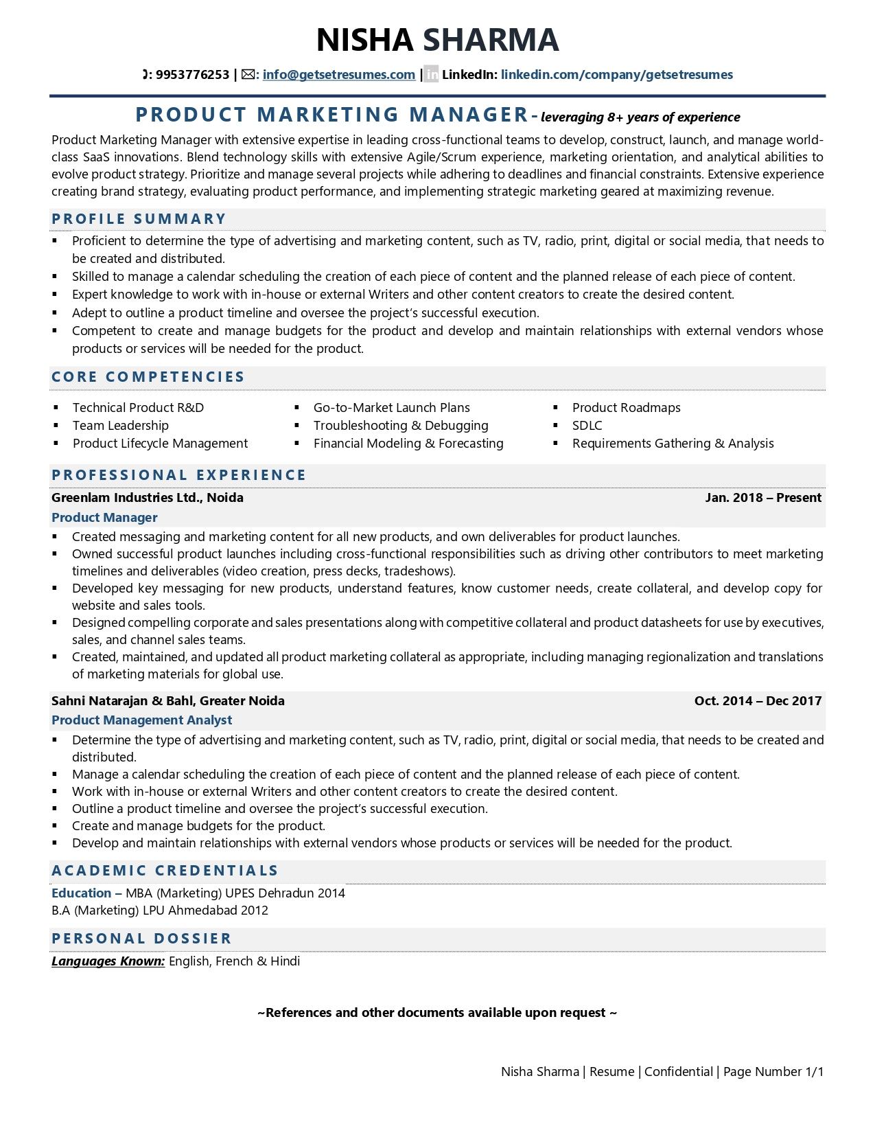 Product Marketing Manager - Resume Example & Template