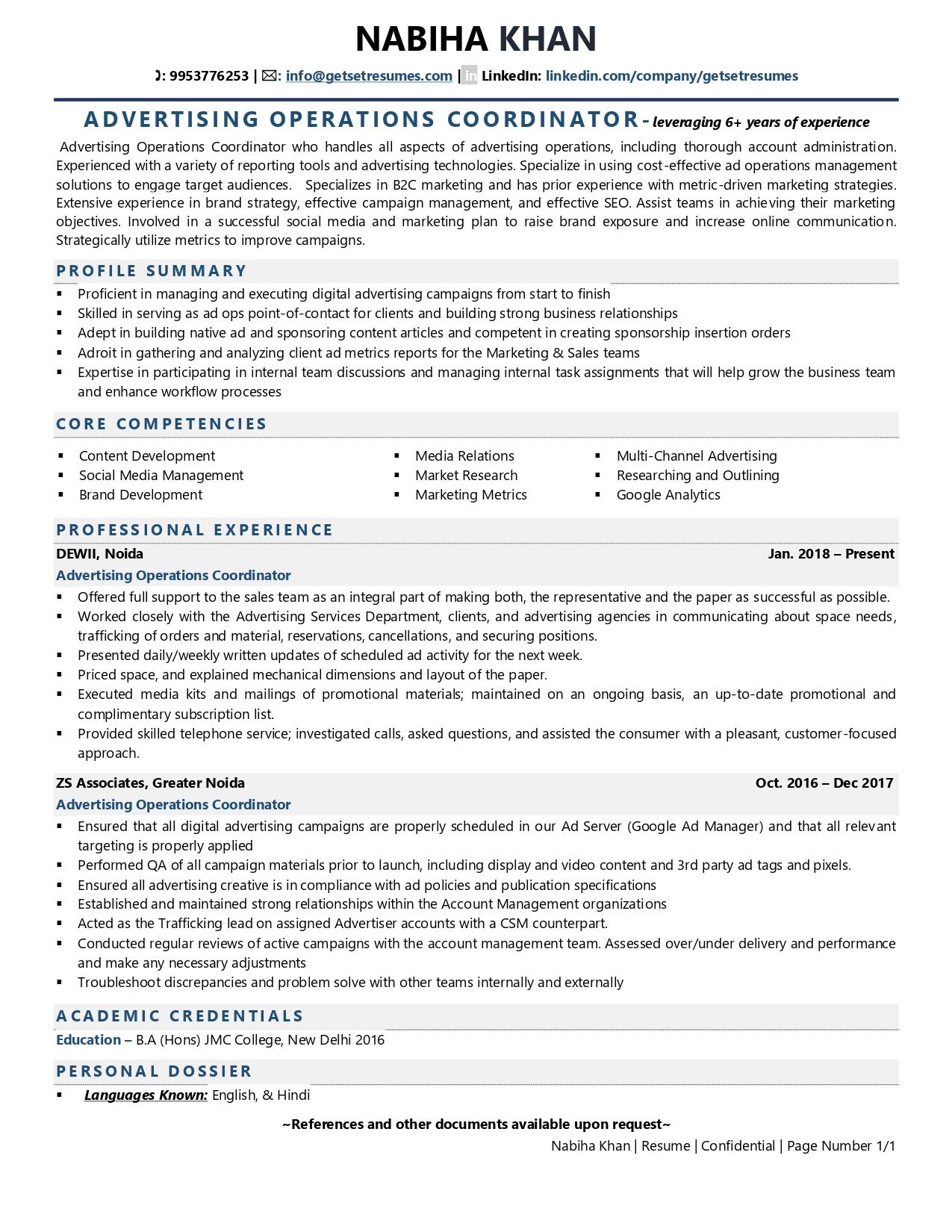 Advertising Operations Coordinator - Resume Example & Template