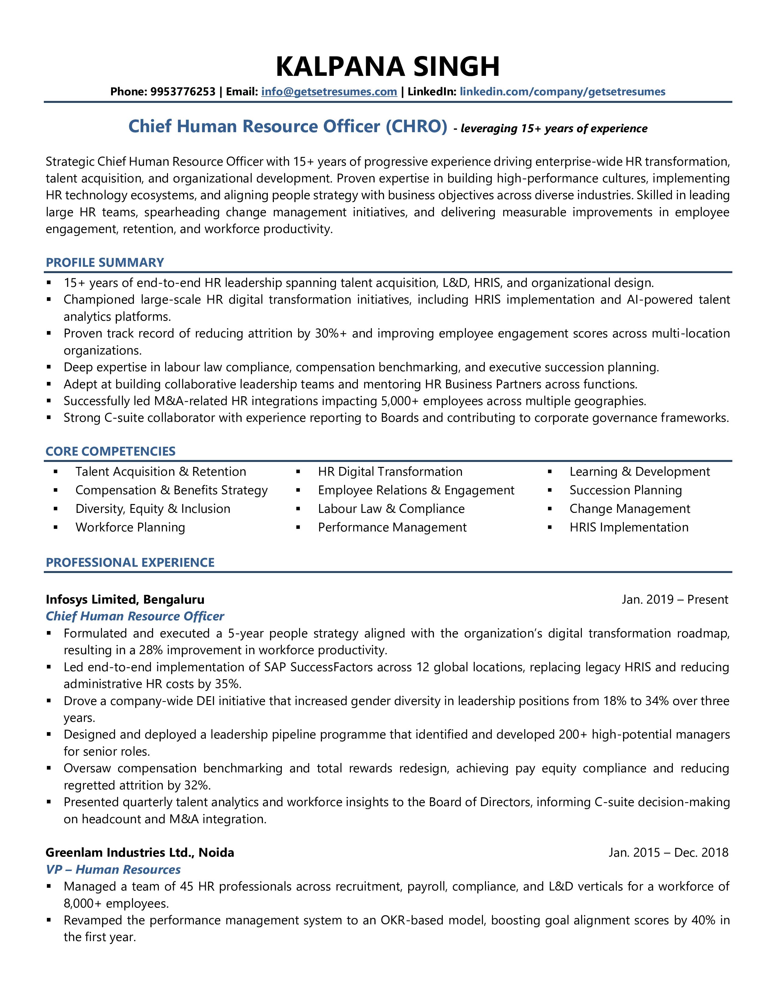 CHRO (Chief Human Resource Officer) - Resume Example & Template