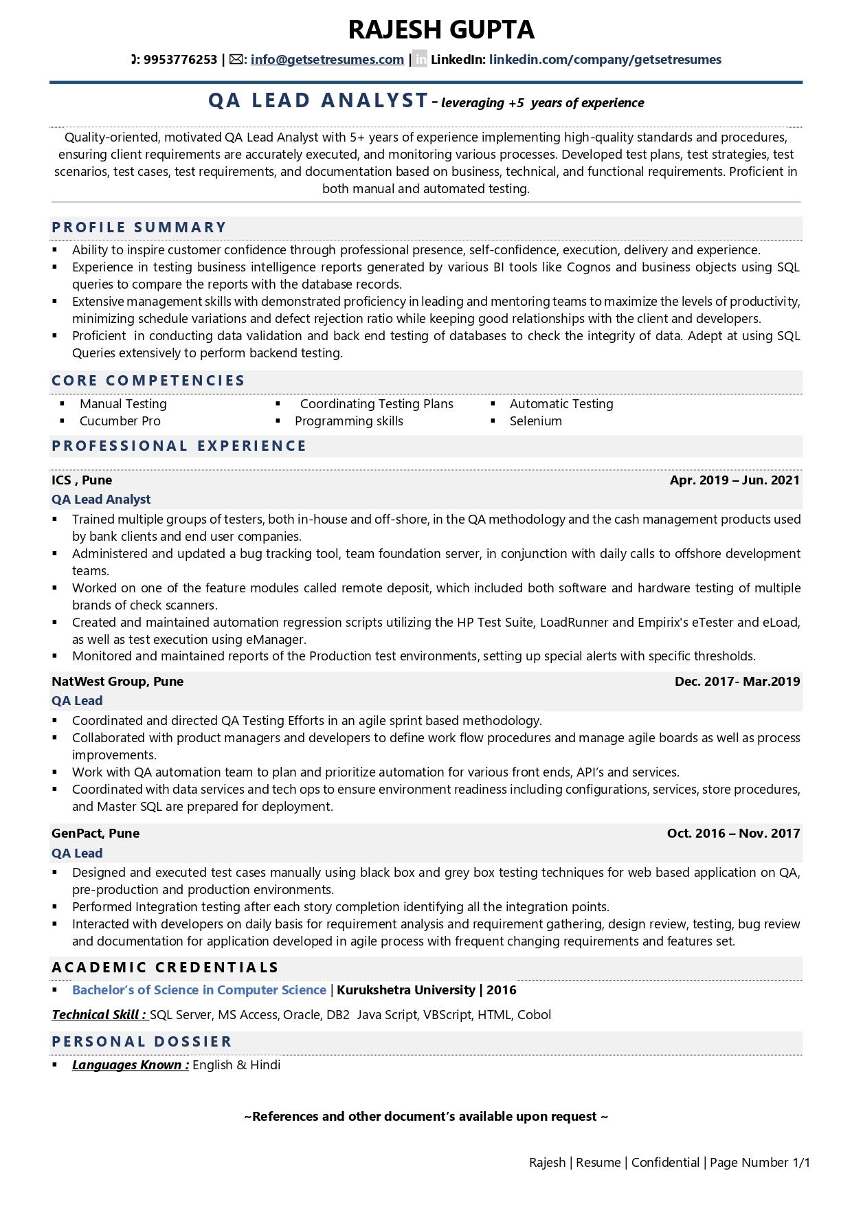 QA Lead - Resume Example & Template