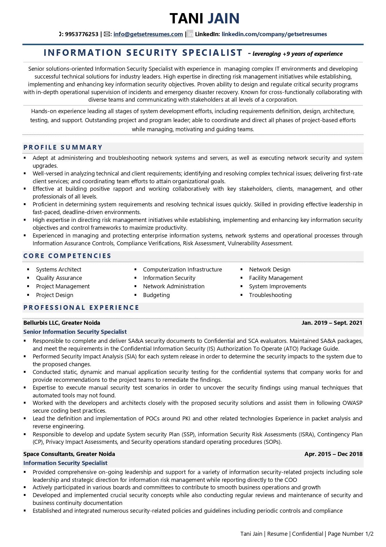 Information Security Specialist - Resume Example & Template