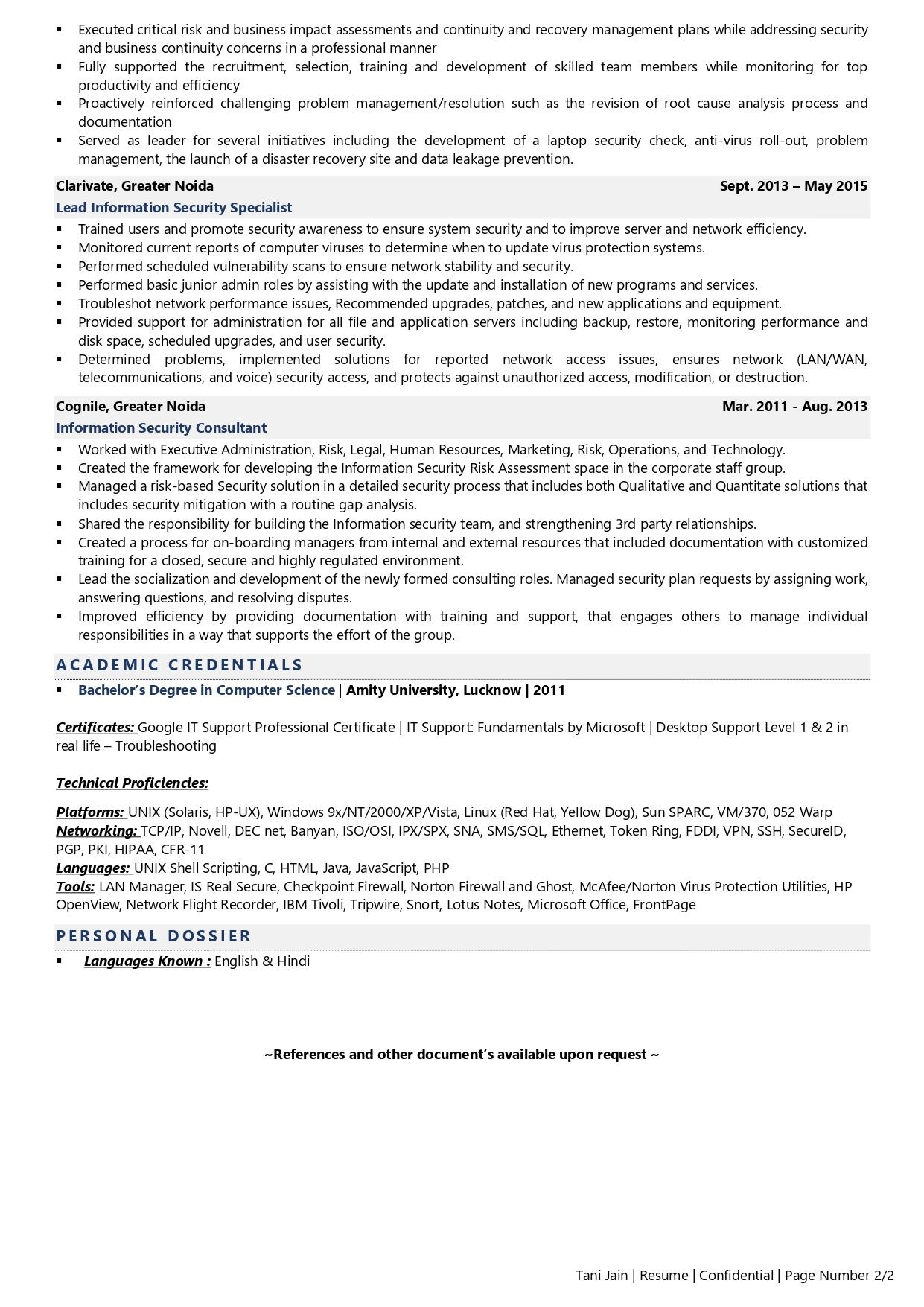 Information Security Specialist - Resume Example & Template