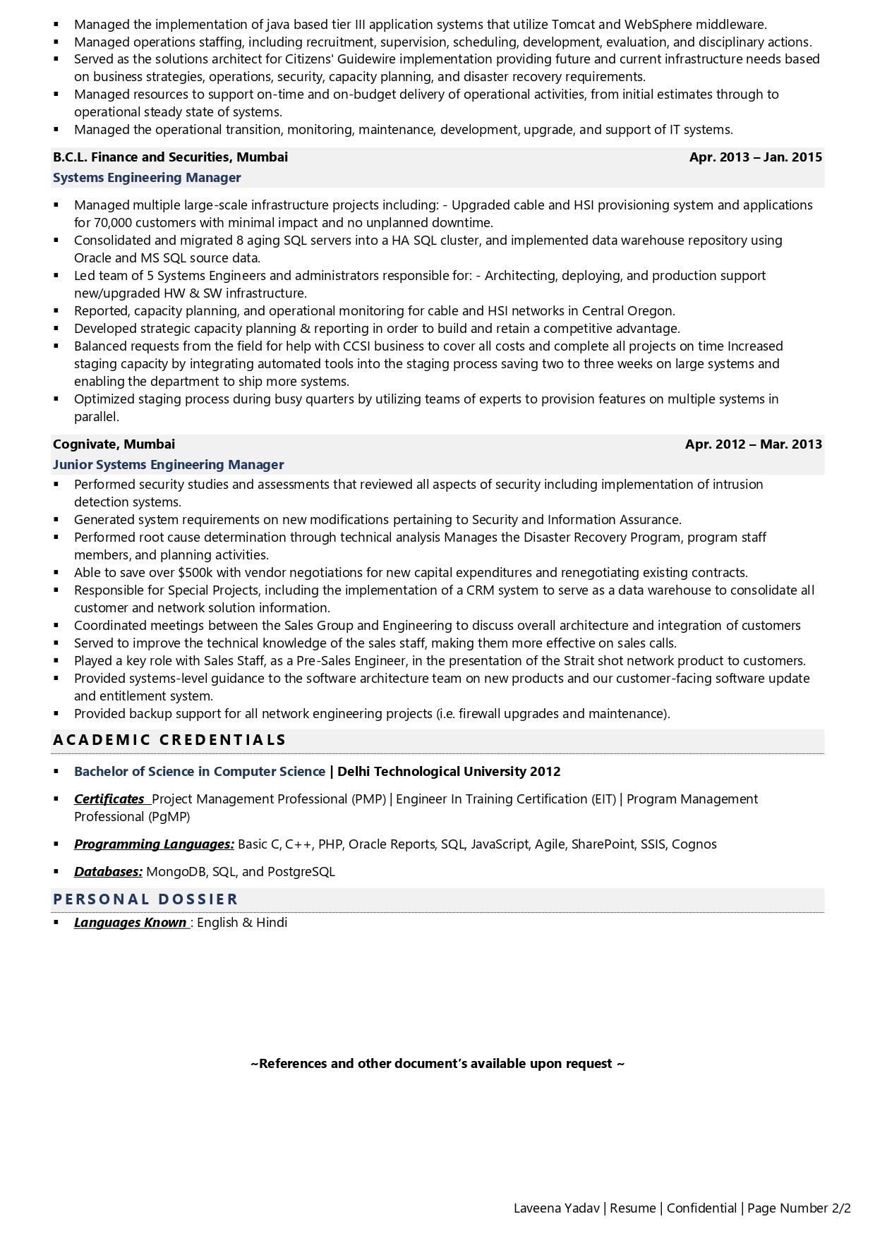 Systems Engineering Manager - Resume Example & Template