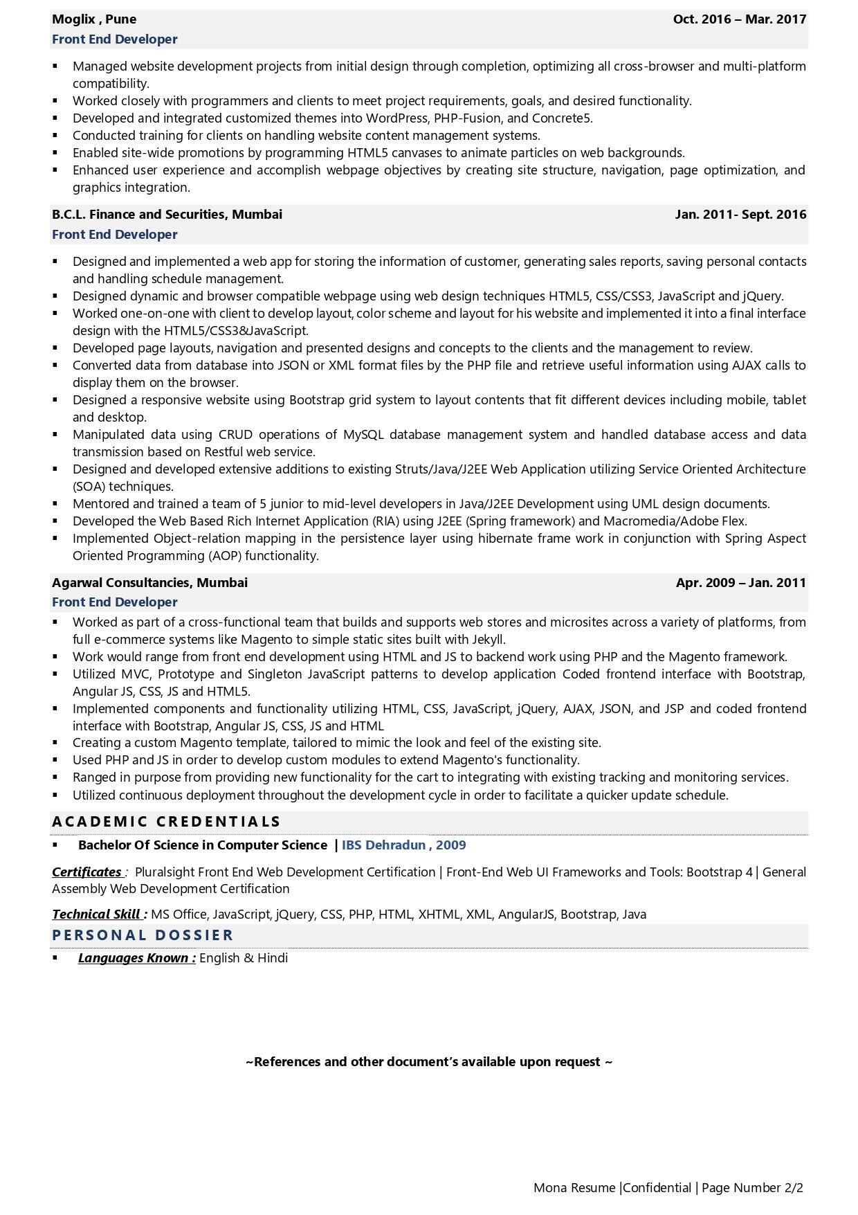 Front End Developer - Resume Example & Template