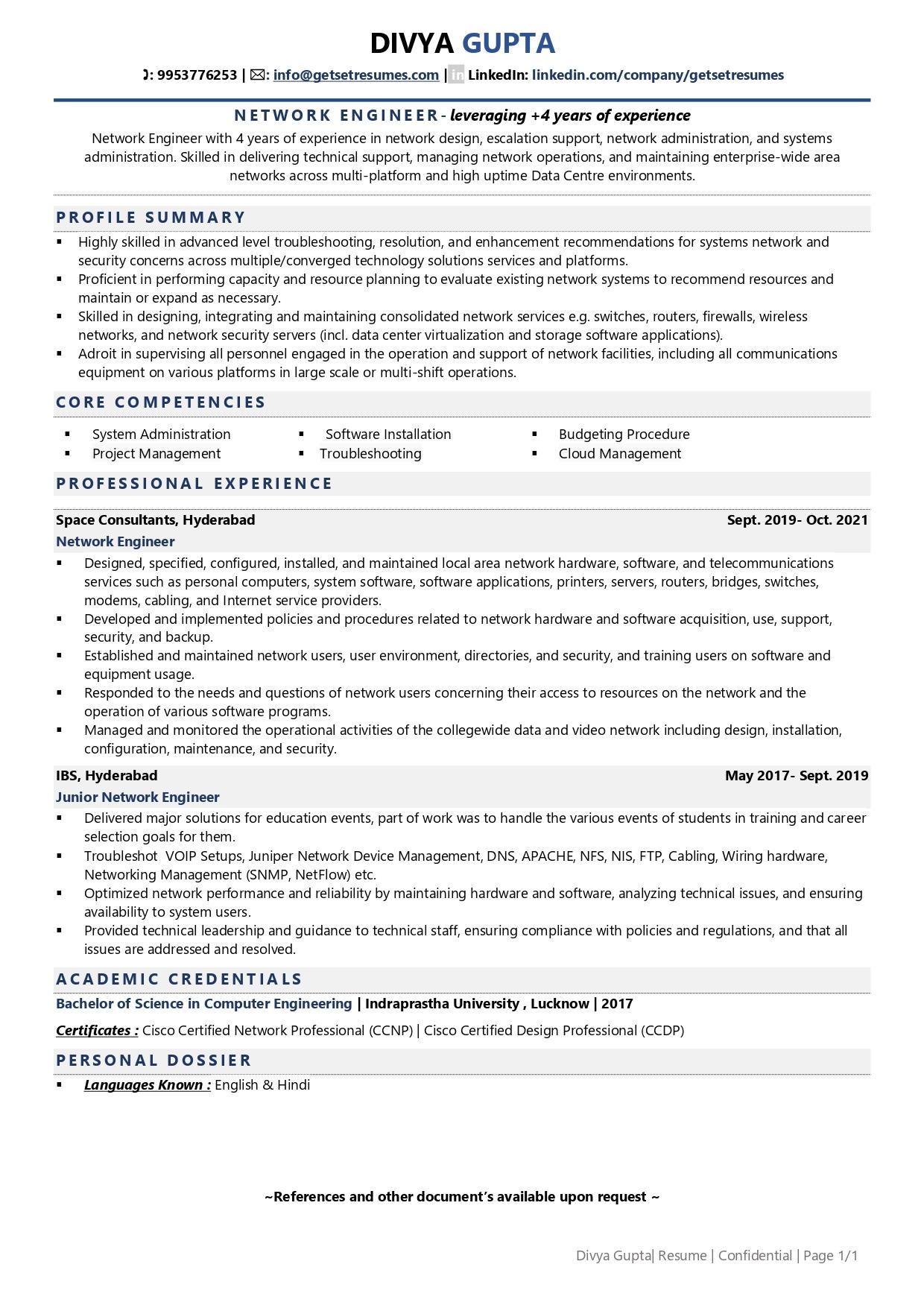 Network Administrator / Engineer - Resume Example & Template