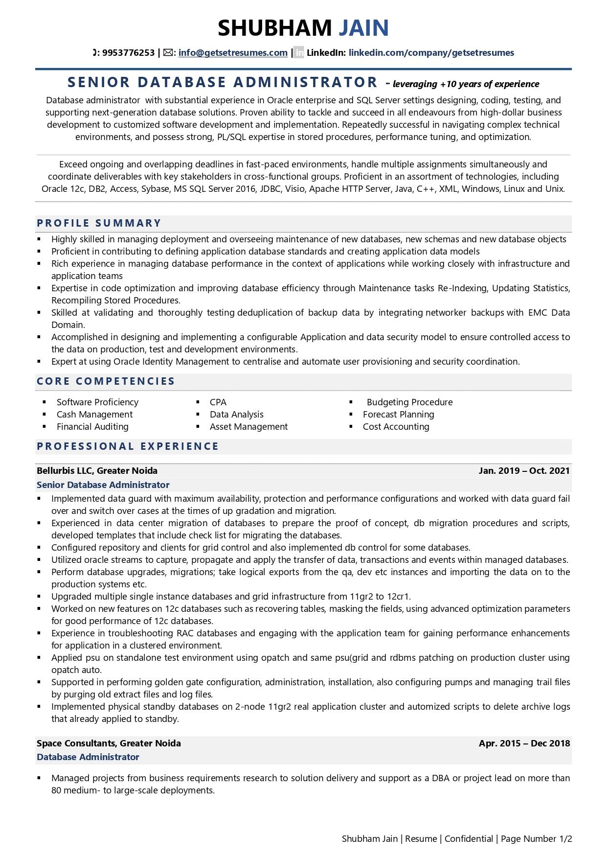 database administrator roles and responsibilities resume