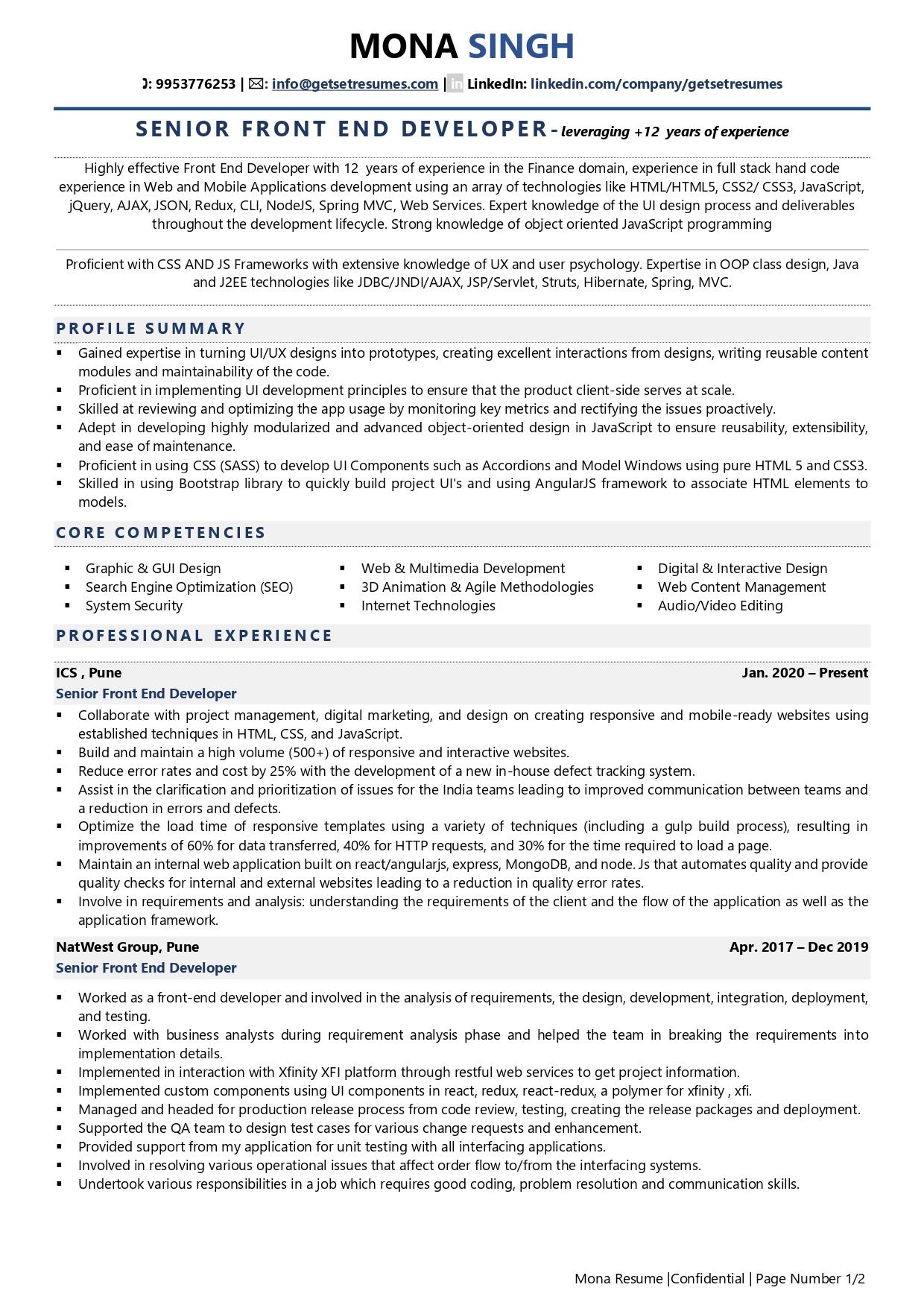 Front End Developer - Resume Example & Template