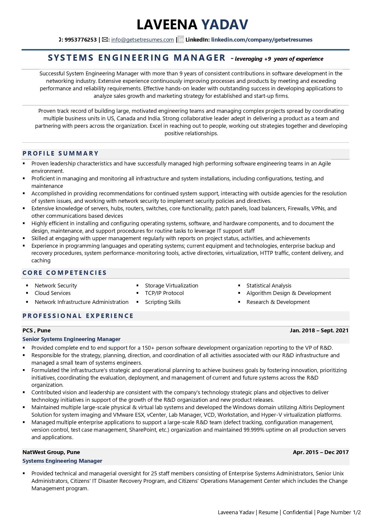 Systems Engineering Manager - Resume Example & Template