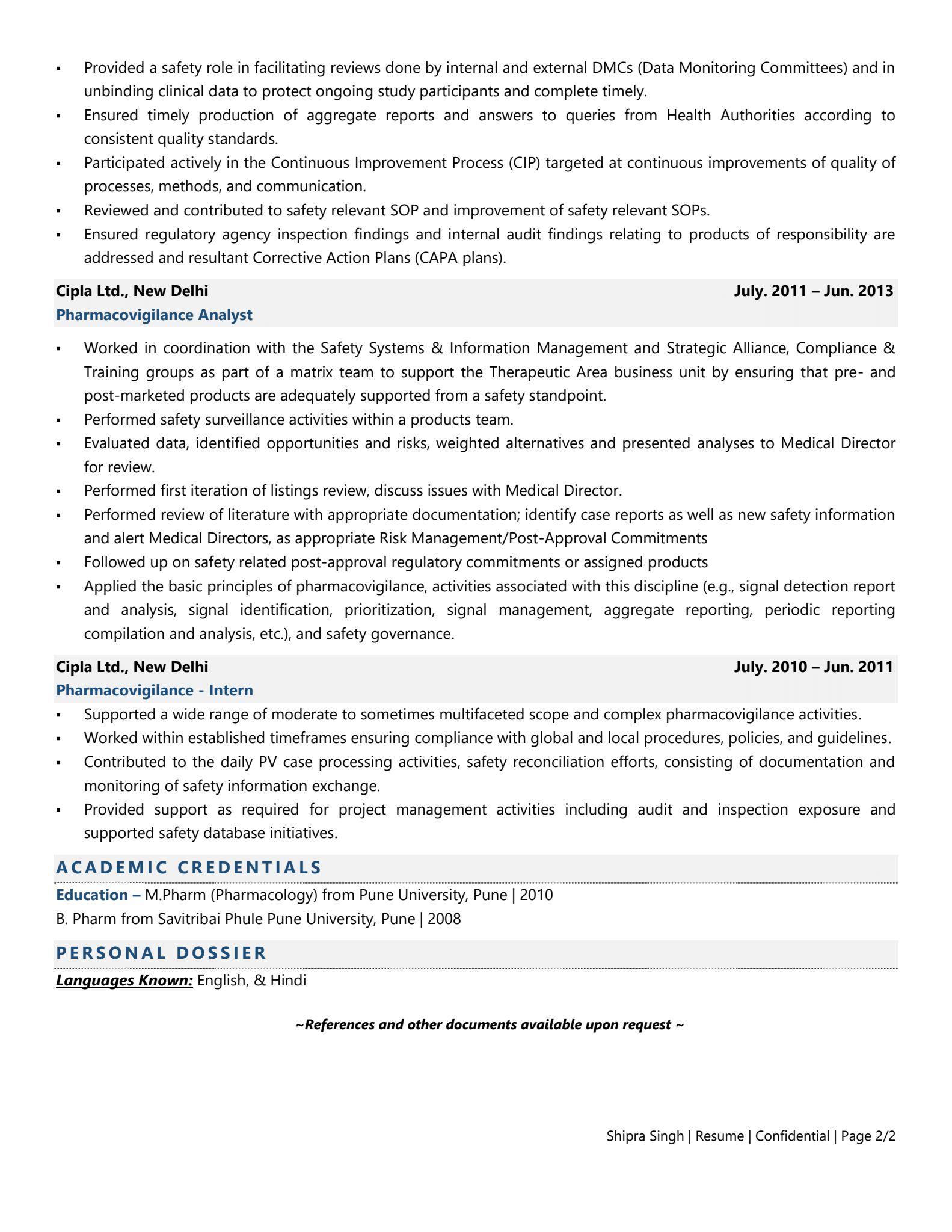 Pharmacovigilance Analyst - Resume Example & Template