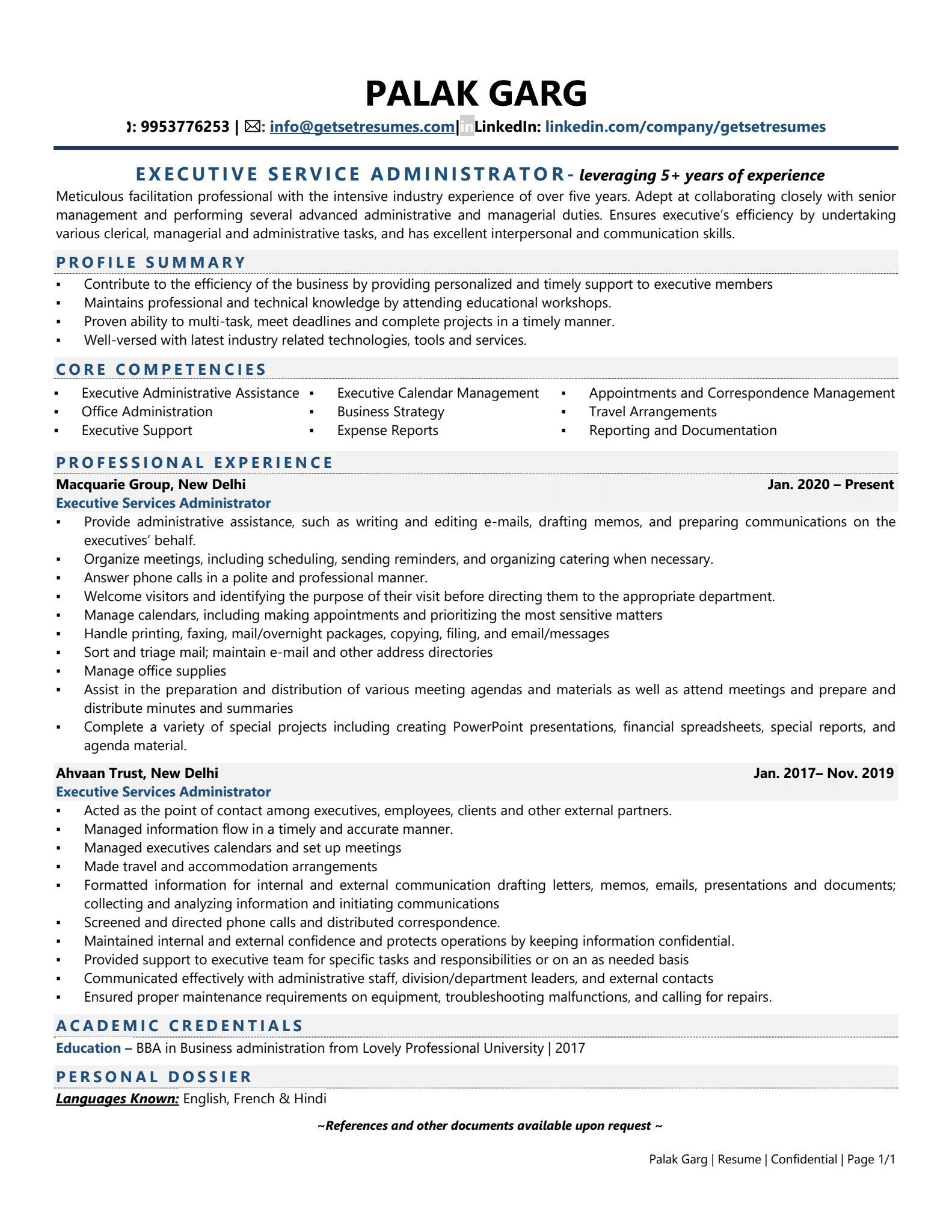 Executive Services Administrator - Resume Example & Template
