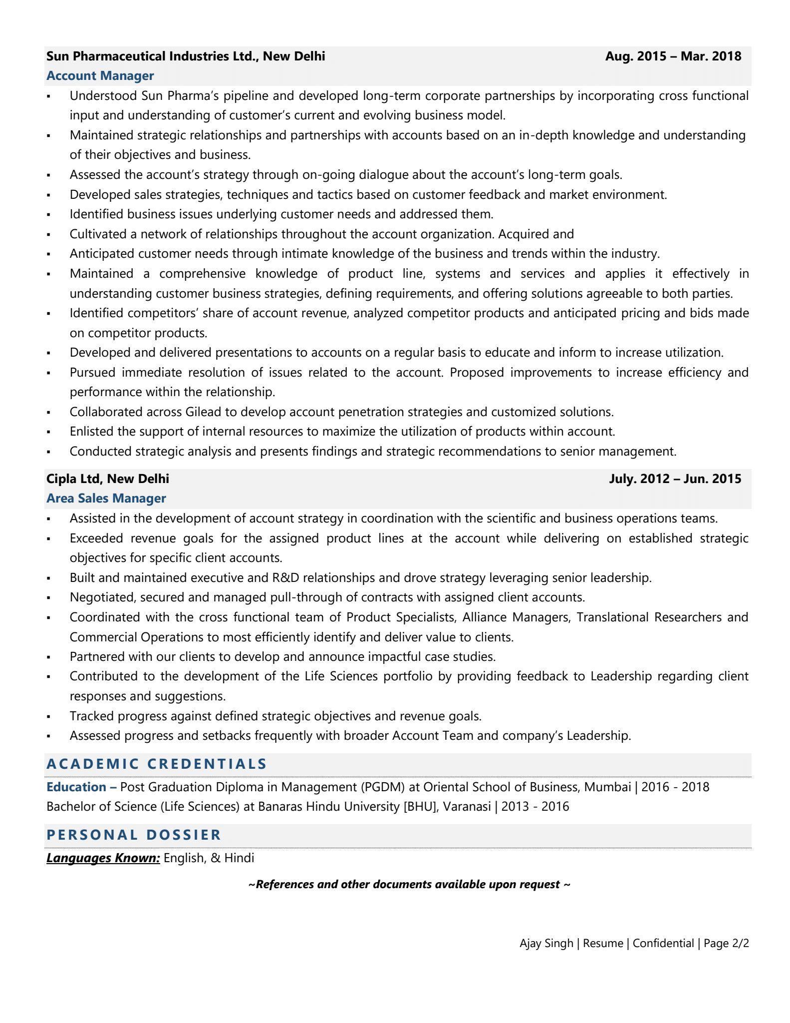 Account Manager (Pharma) - Resume Example & Template