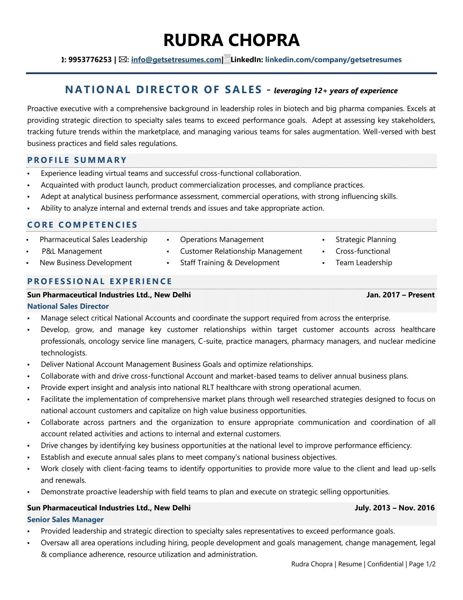 National Director of Sales (Pharma) - Resume Example & Template