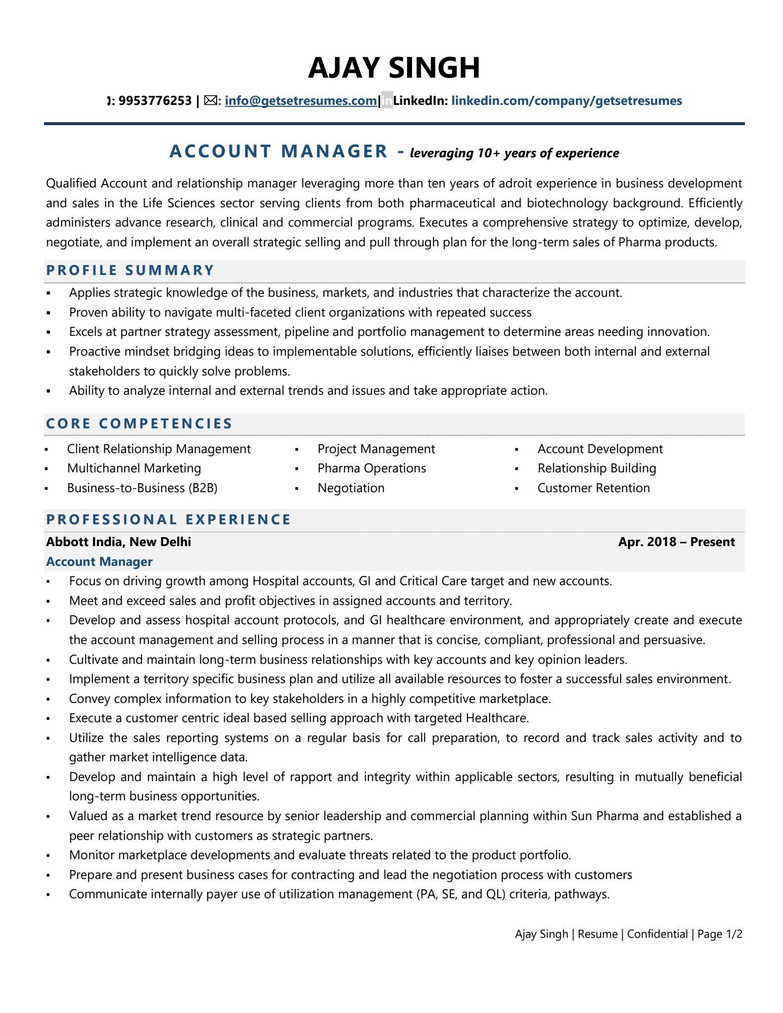 Account Manager (Pharma) - Resume Example & Template