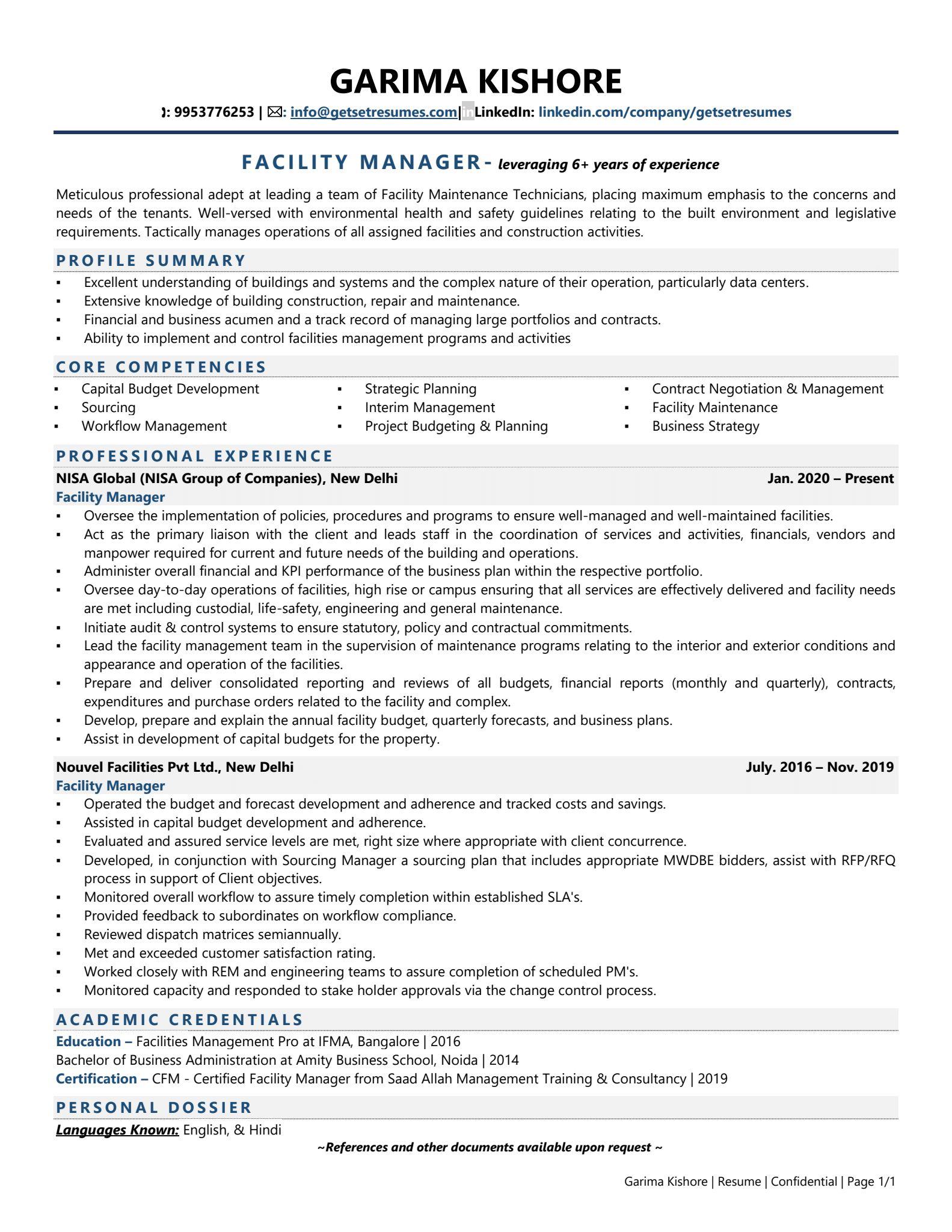 resume objective examples for facility management