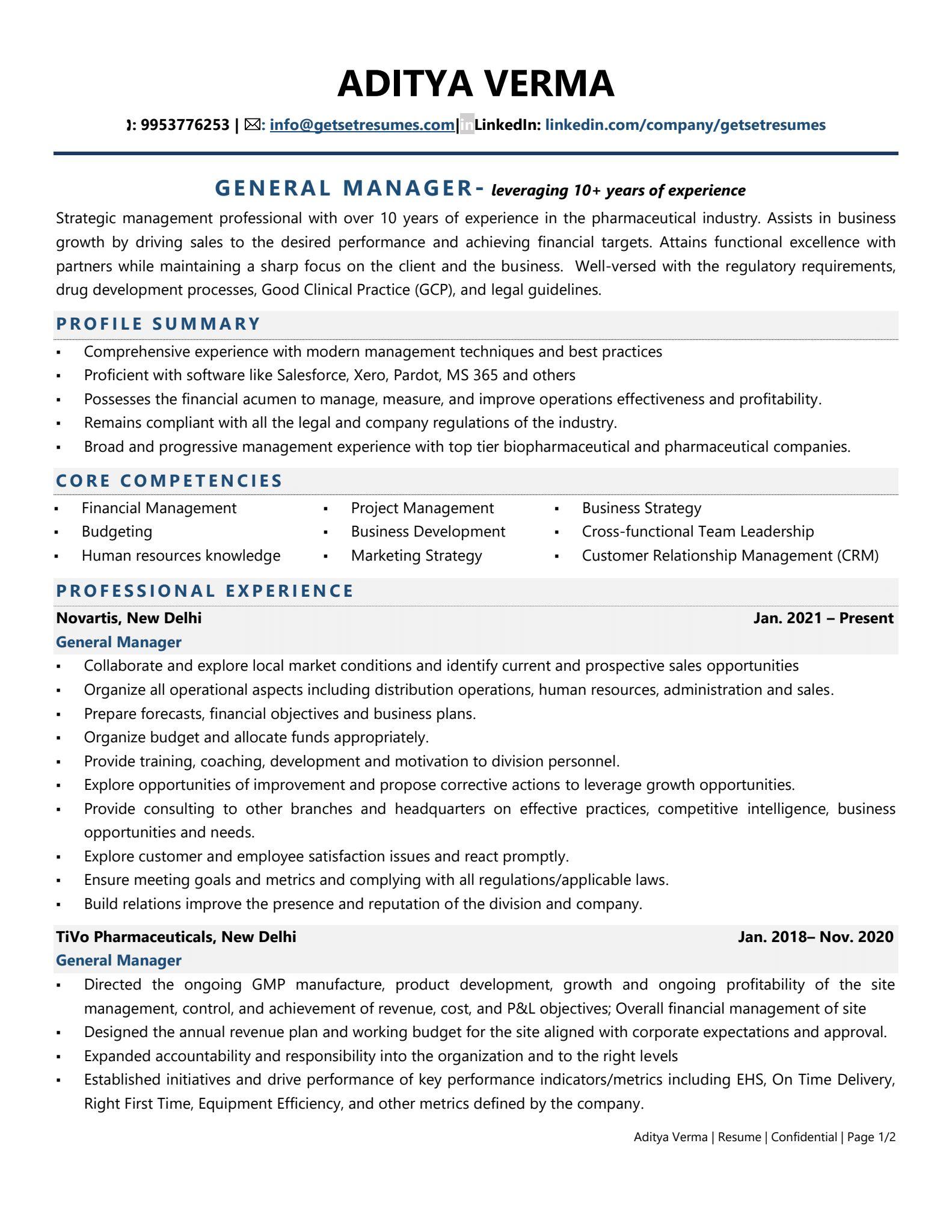 General Manager – Sales & Marketing - Resume Example & Template