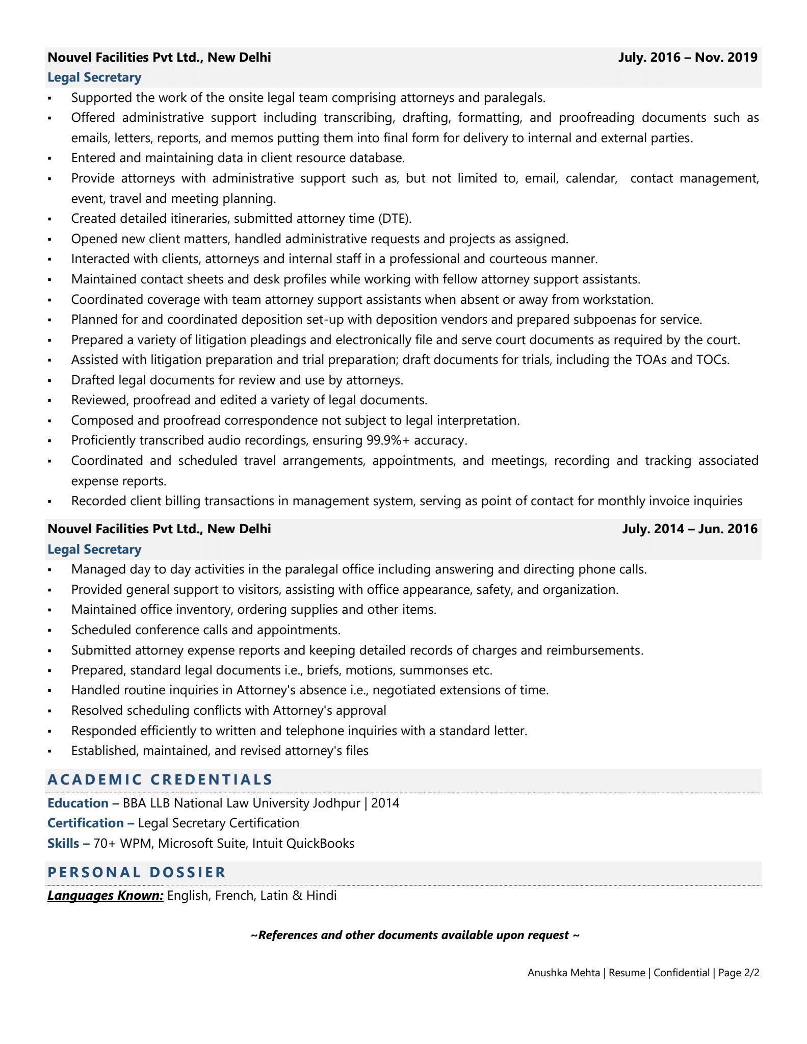 Legal Secretary - Resume Example & Template