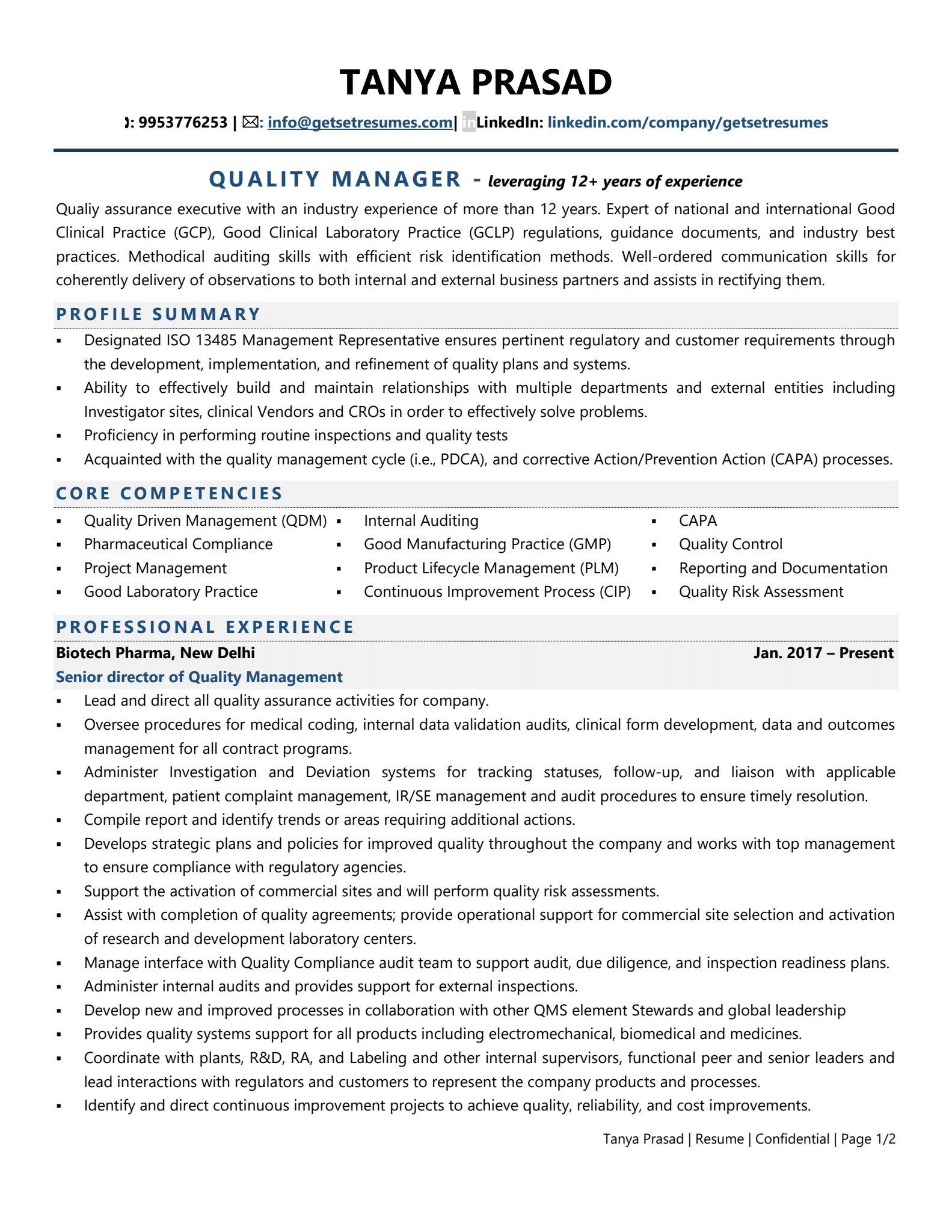 Quality Manager (Pharma) - Resume Example & Template