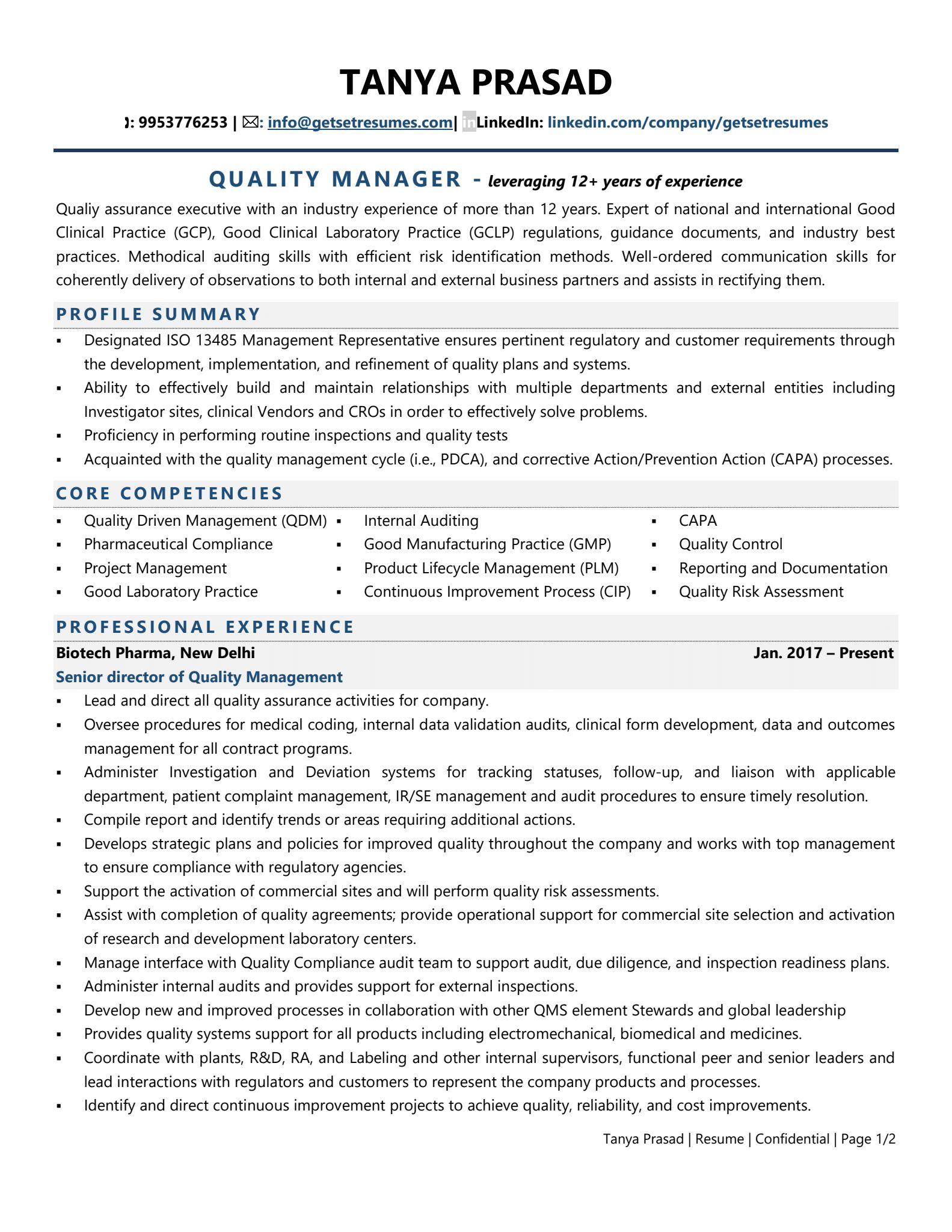 sample resume for experienced pharma professionals