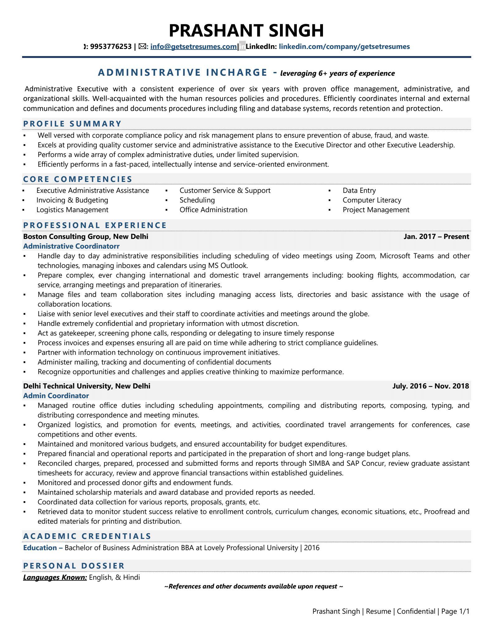 Administrative Incharge - Resume Example & Template