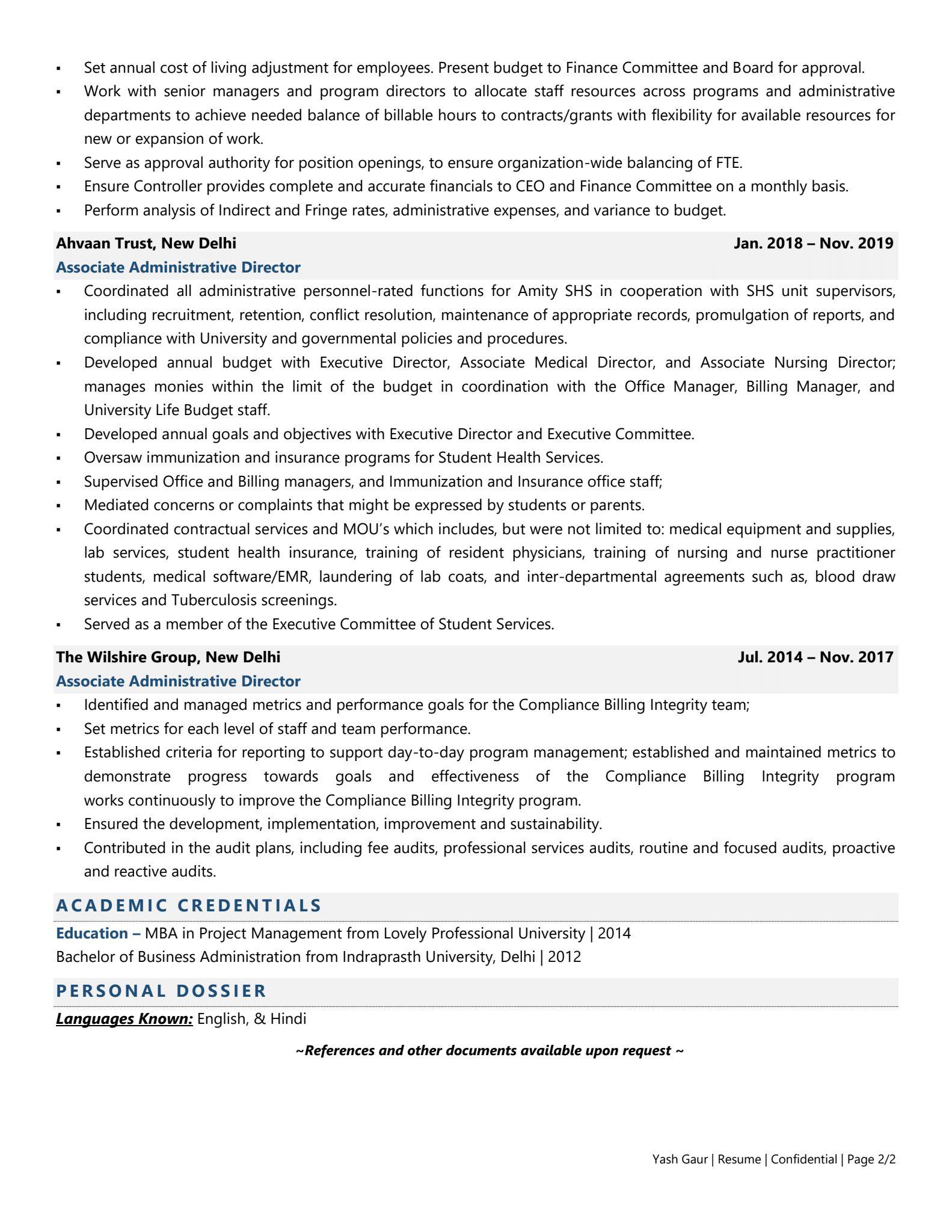 Administrative Director - Resume Example & Template
