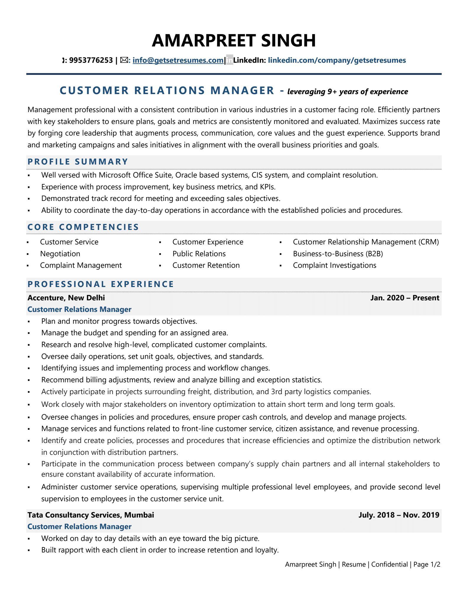 Client Relations Manager - Resume Example & Template