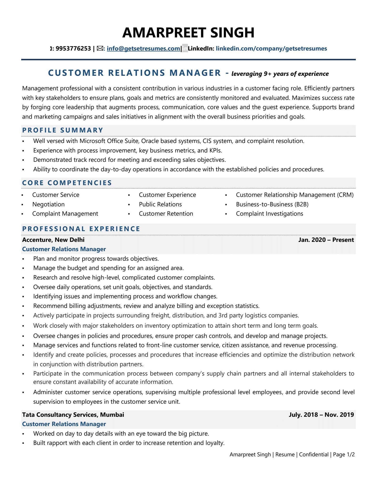 resume for client service manager