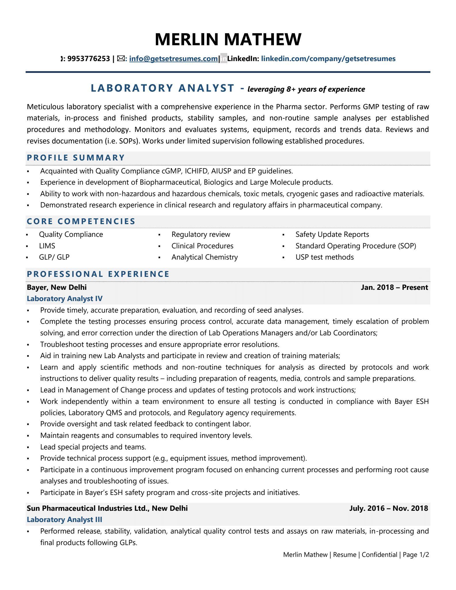 Laboratory Analyst - Resume Example & Template
