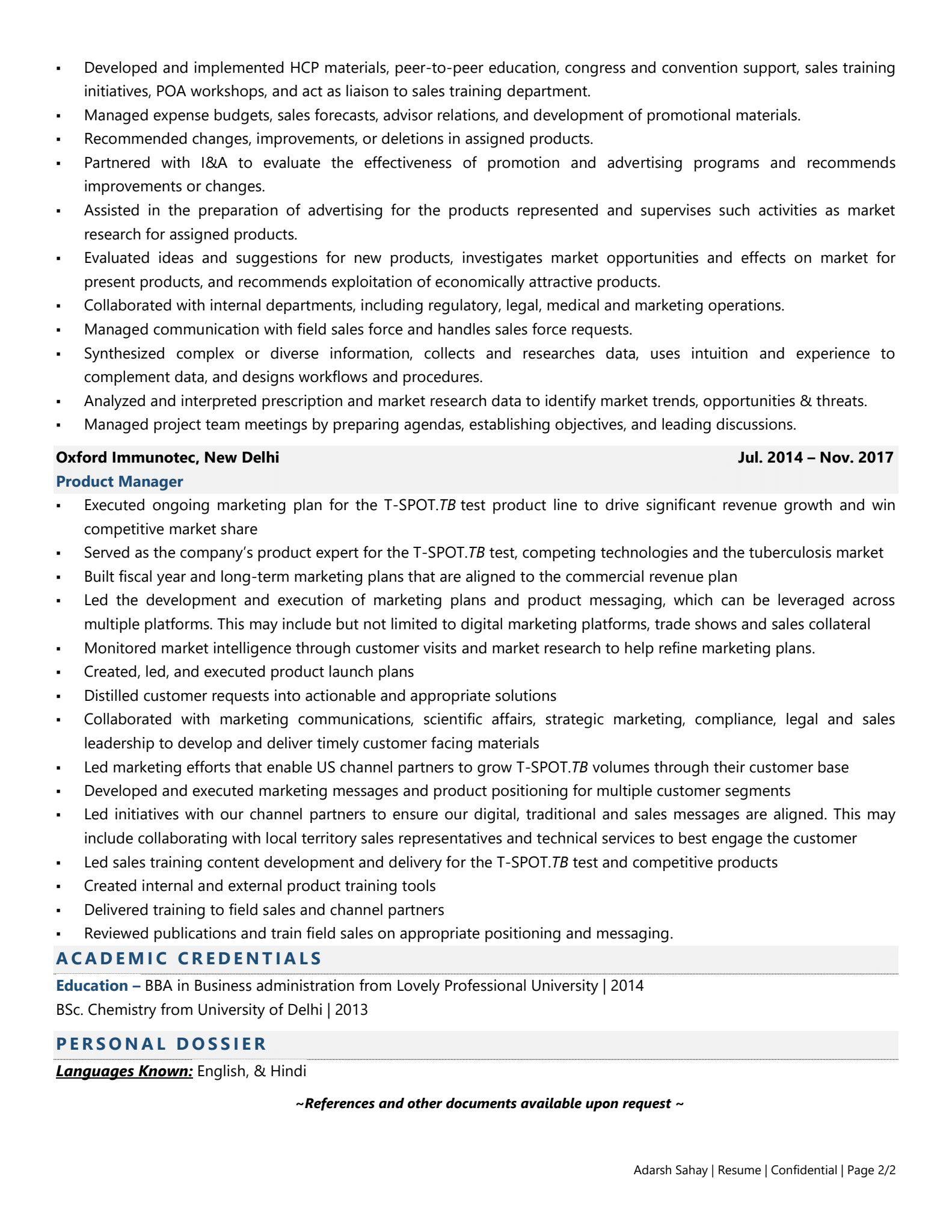 Pharma Product Manager - Resume Example & Template