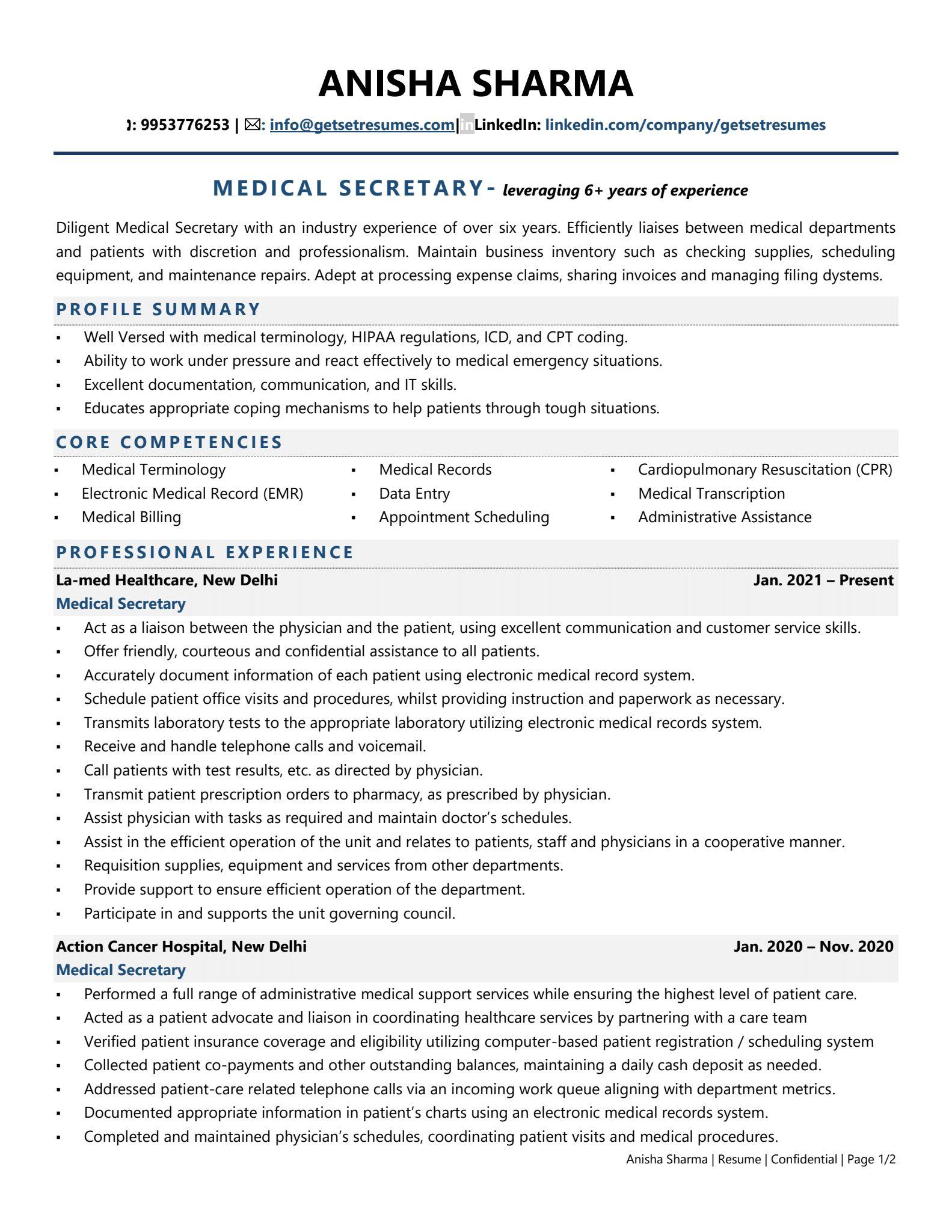 Medical Secretary - Resume Example & Template